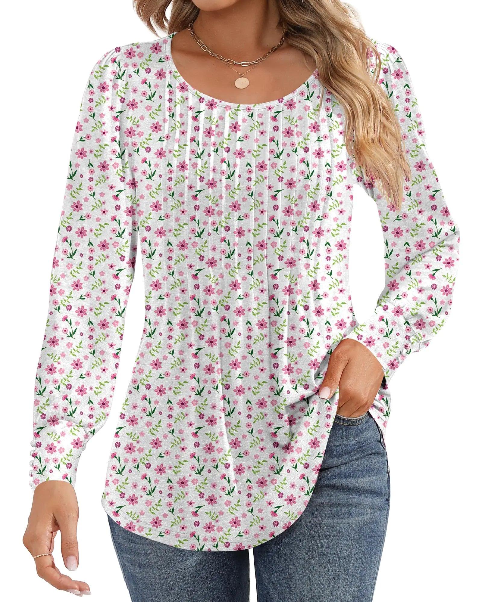Ficerd Women's Puff Long Sleeve Tunic Tops Pleated Crew Neck Blouses Dressy Casual Loose Fit Fall and Winter Shirts Pink Floral Large - Evallys.com
