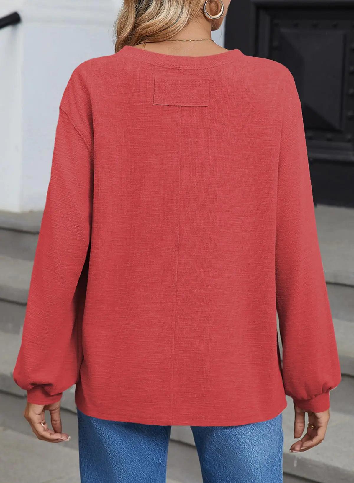 SHEWIN Women's Casual Long Sleeve Shirts Cute Crewneck Basic Loose Fit Tunic Tops X-Large Racing Red - Evallys.com # #