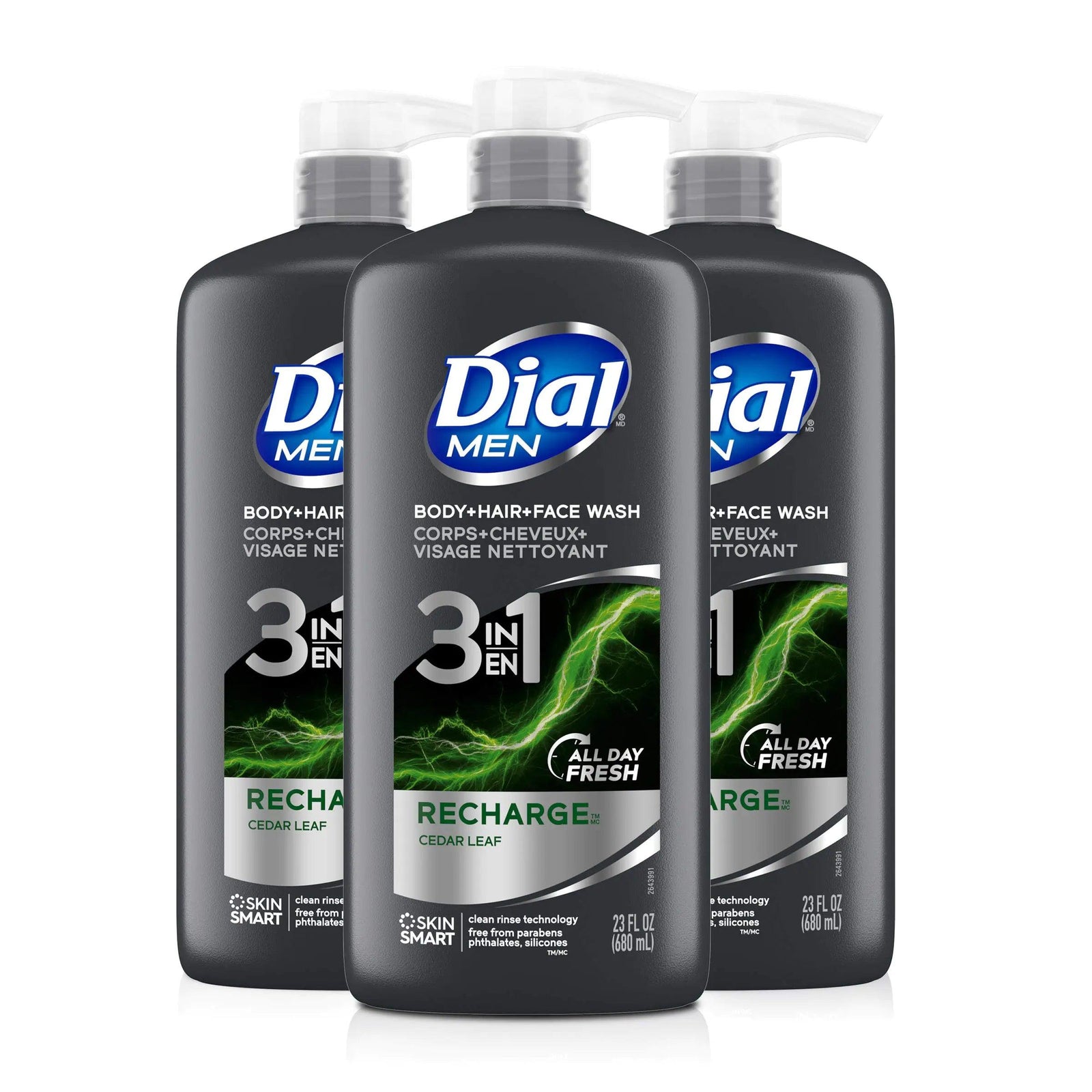 Dial Men 3in1 Body, Hair and Face Wash, Recharge, 69 fl oz (3-23 fl oz Bottles) 23 Fl Oz (Pack of 3) - Evallys.com # #