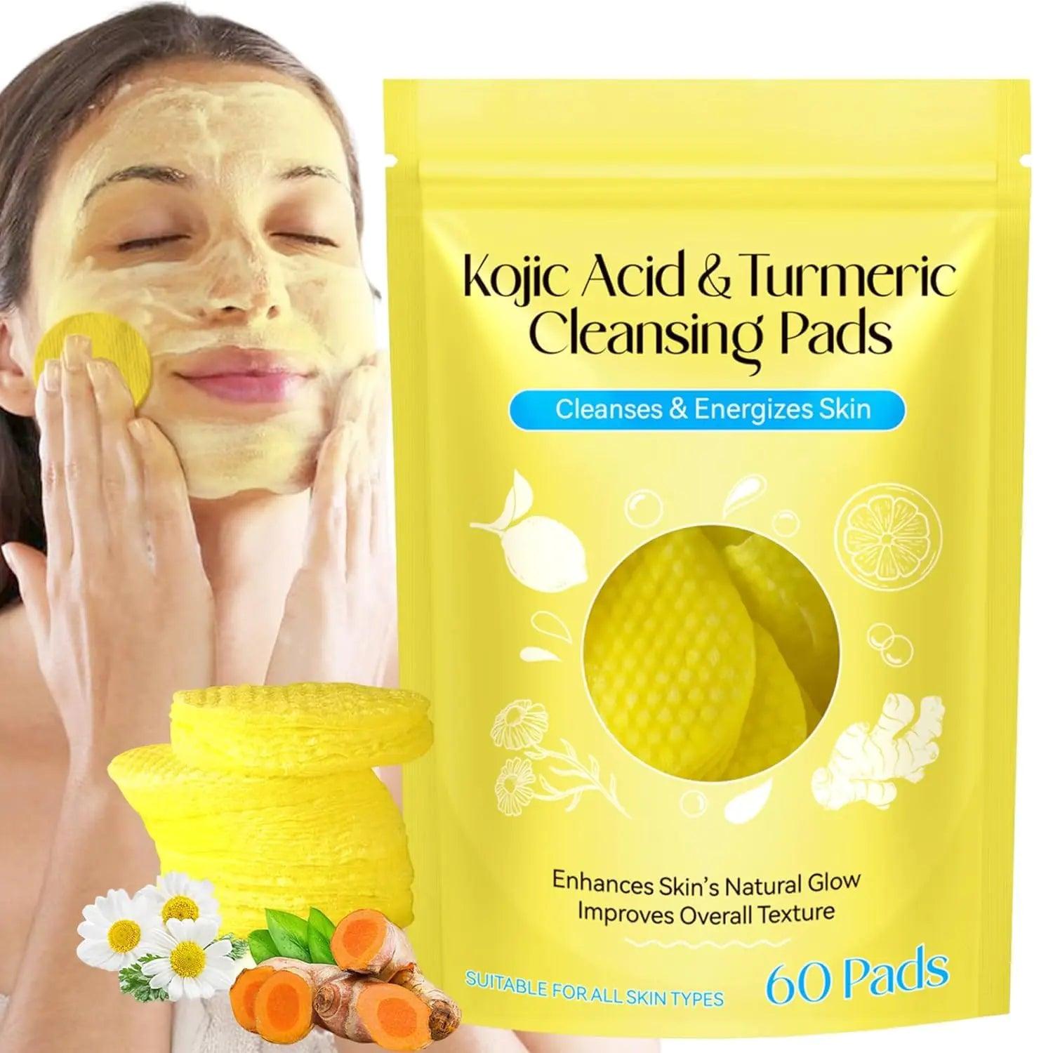 Kojic Acid and Turmeric Cleansing Pads, Turmeric Kojic Acid Lemon Chamomile Pads, Kojic Acid Turmeric Cleansing Pads for Face -60PCS Yellow-60PCS 60 Count (Pack of 1) - Evallys.com # #