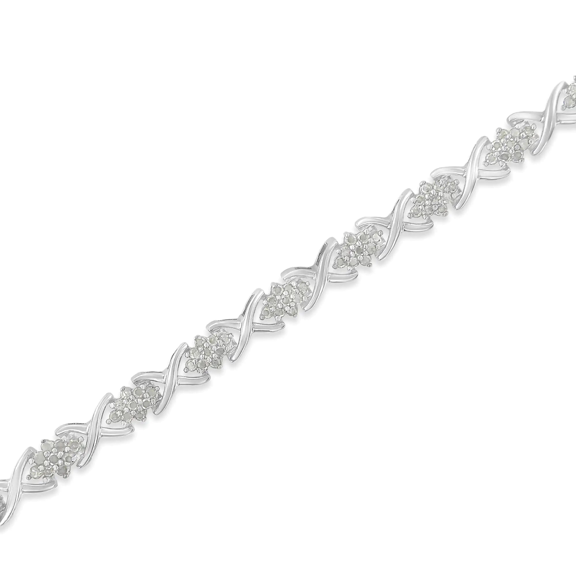 .925 Sterling Silver 1-1/2 Cttw Diamond Cluster X Link 7" Tennis Bracelet (I-J color, I3 clarity) - Evallys.com # #