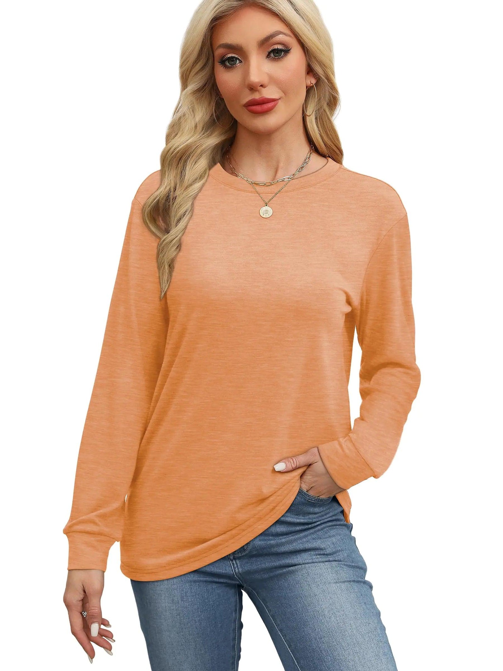 WIHOLL Womens Long Sleeve Shirts Loose Fits Fall Outfits Basic Casual Tunic Tops Crewneck Clothes Orange Large - Evallys.com # #