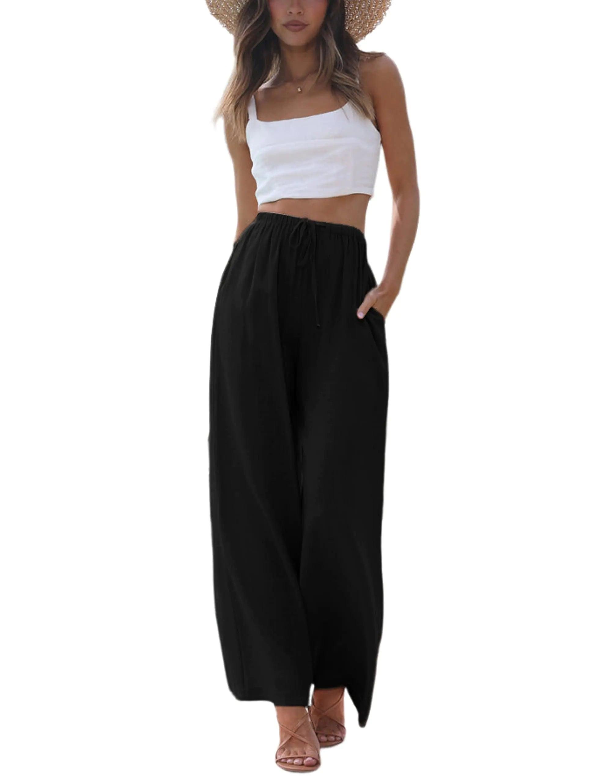 Faleave Women's Cotton Linen Summer Palazzo Pants Flowy Wide Leg Beach Trousers with Pockets Medium Black - Evallys.com # #