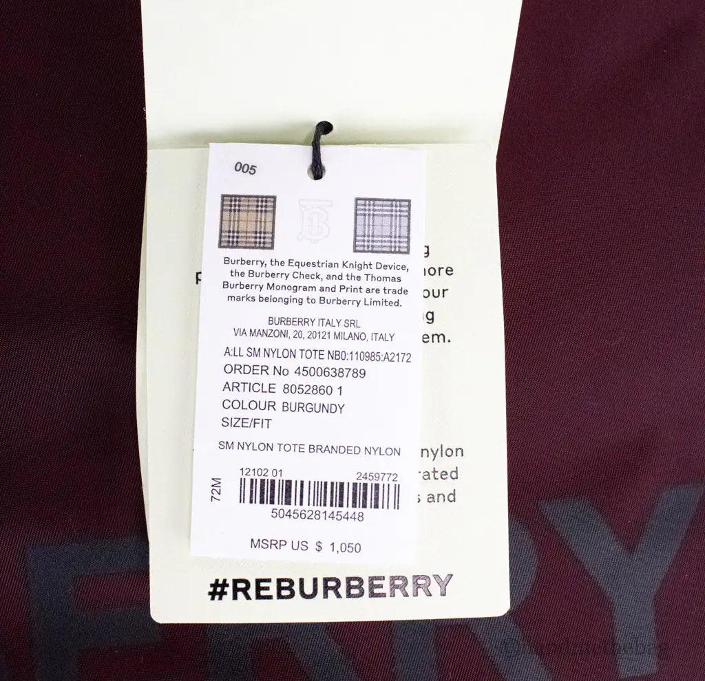 Burberry Small Burgundy Logo Branded Econyl Nylon Tote Bag - Evallys.com # #