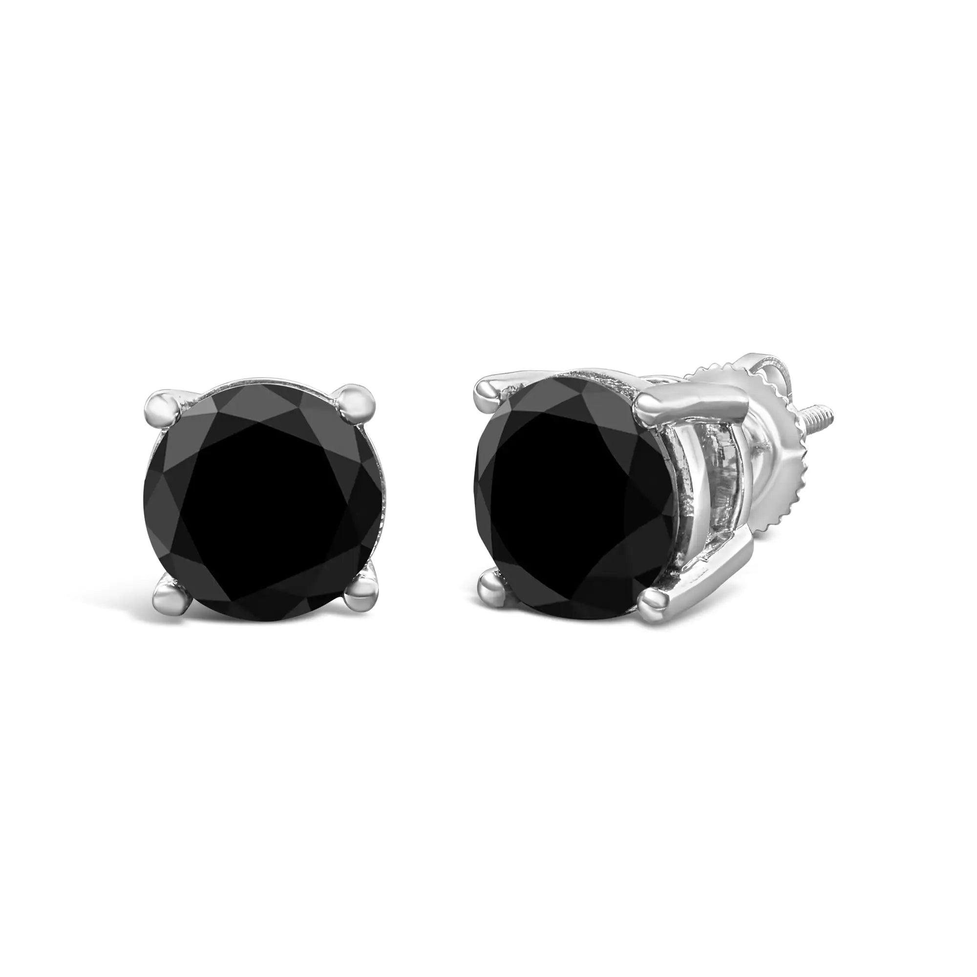 14K White Gold Round Brilliant-Cut Black Diamond Classic 4-Prong Stud Earrings with Screw Backs (Fancy Color-Enhanced, I2-I3 Clarity) - Evallys.com # #