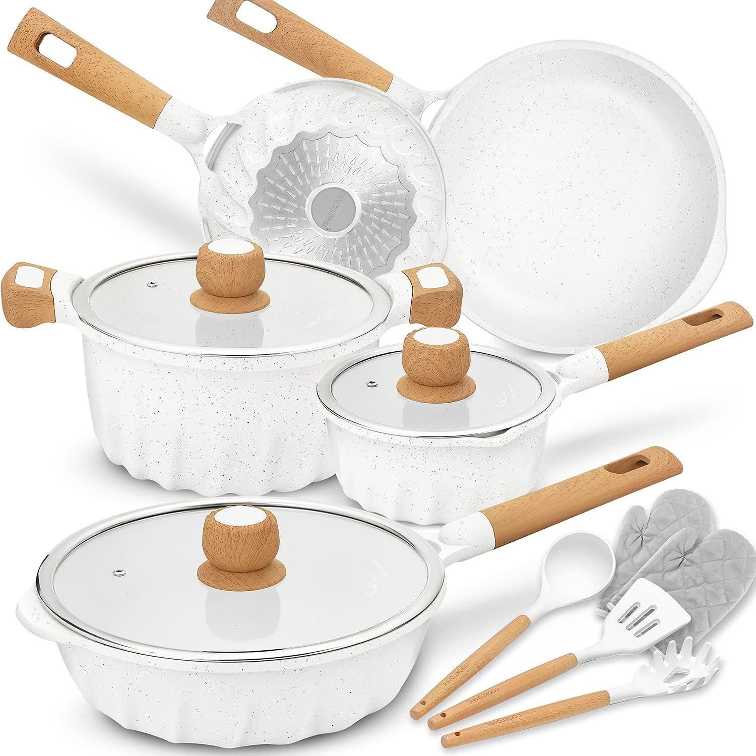 Cookware Set Nonstick 100% PFOA Free Induction Pots and Pans Set with Cooking Utensil Pack13 – White - Evallys.com # #