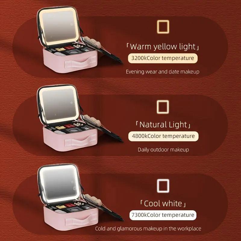 Travel Makeup Bag with USB Rechargeable Mirror & LED Light, 1 Set Summer Portable Cosmetic Bag with Adjustable Partition, Jewelry Organizer, Summer Essentials, Travel Essentials - Evallys.com # #