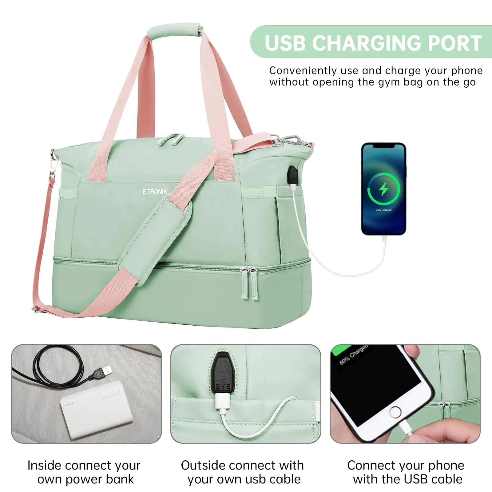 ETRONIK Gym Bag for Women, Travel Duffel Bag with USB Charging Port, Weekender Overnight Bag with Wet Pocket & Shoes Compartment for Women, Travel, Gym, Yoga (Green Pink) Medium Pink Green - Evallys.com # #