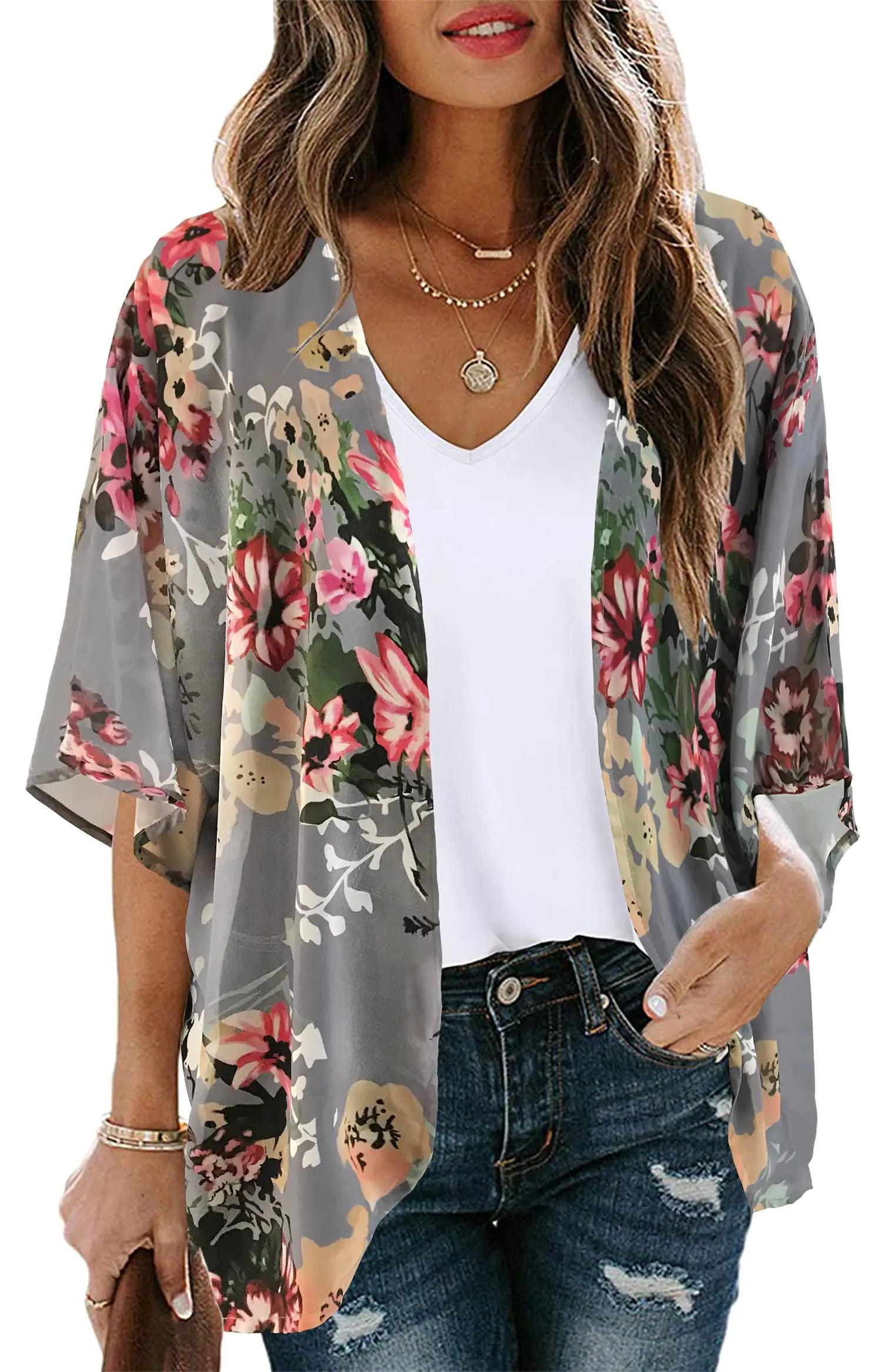 Women's Floral Print Puff Sleeve Kimono Cardigan Loose Cover Up Casual Blouse Tops Small Orange Black - Evallys.com # #