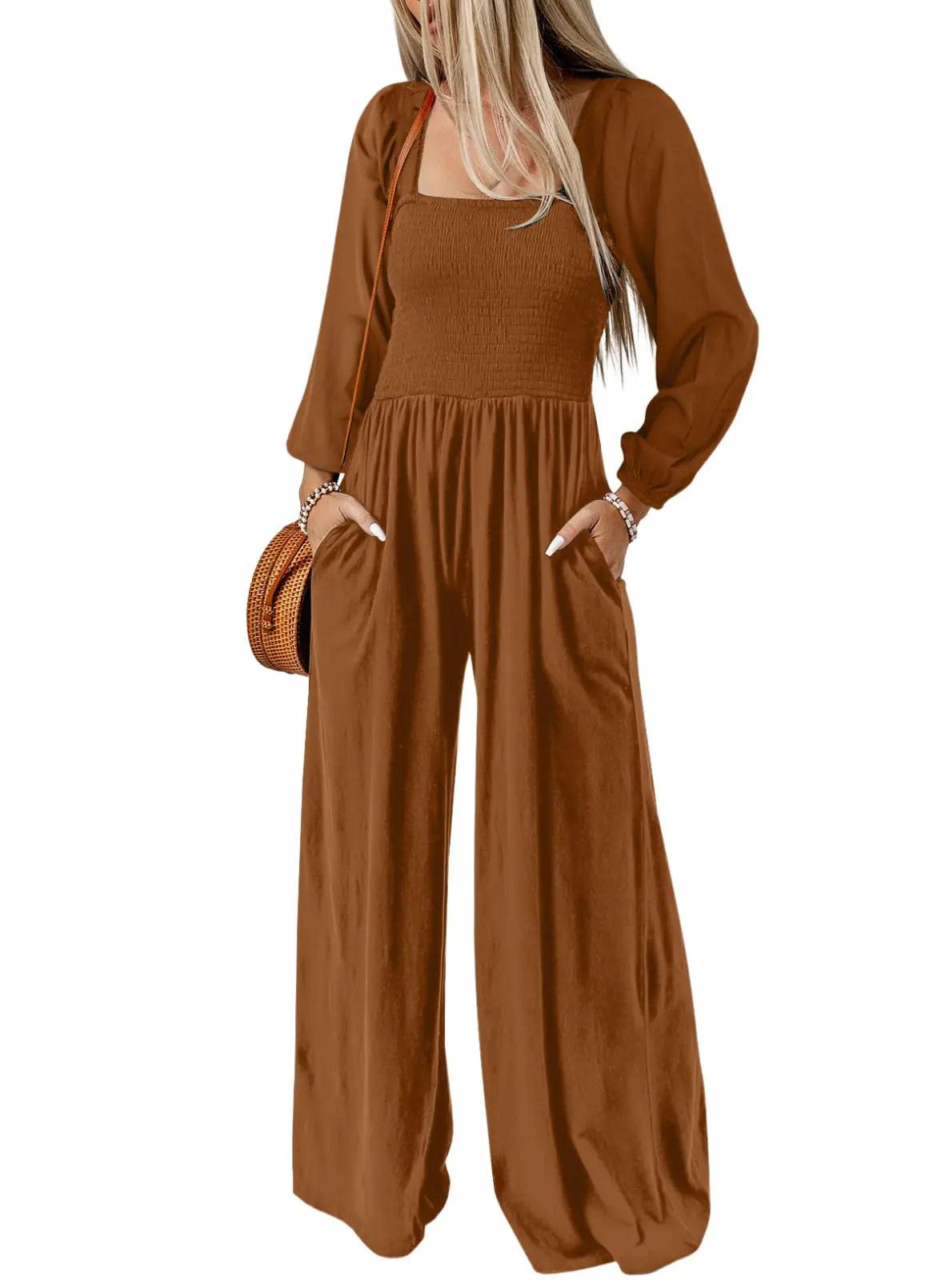 Dokotoo Women's Casual Loose Overalls Jumpsuits One Piece Long Sleeve Wide Leg Long Pant Rompers With Pockets Medium Coffee - Evallys.com # #