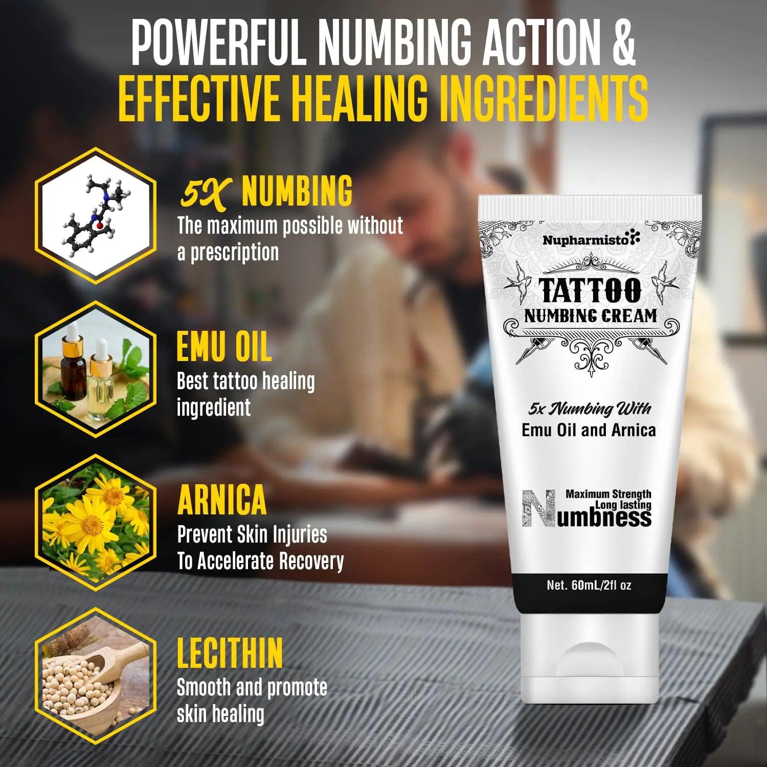 6 Hours Maximum Strength Numbing Cream Tattoo (2oz/ 60ml), Painless Tattoo Numbing Cream, Numbing Cream for Tattoos Extra Strength with 5x Numbing, Emu Oil and Arnica. 2oz/ 60ml - Evallys.com # #