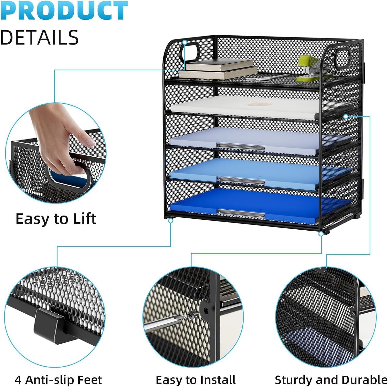 Marbrasse 2 Pack Desk Organizer with Handle, 5 Tier Paper Organizer Letter Tray Organizer, Mesh Desk File Organizer for Office, School and Home - Evallys.com # #
