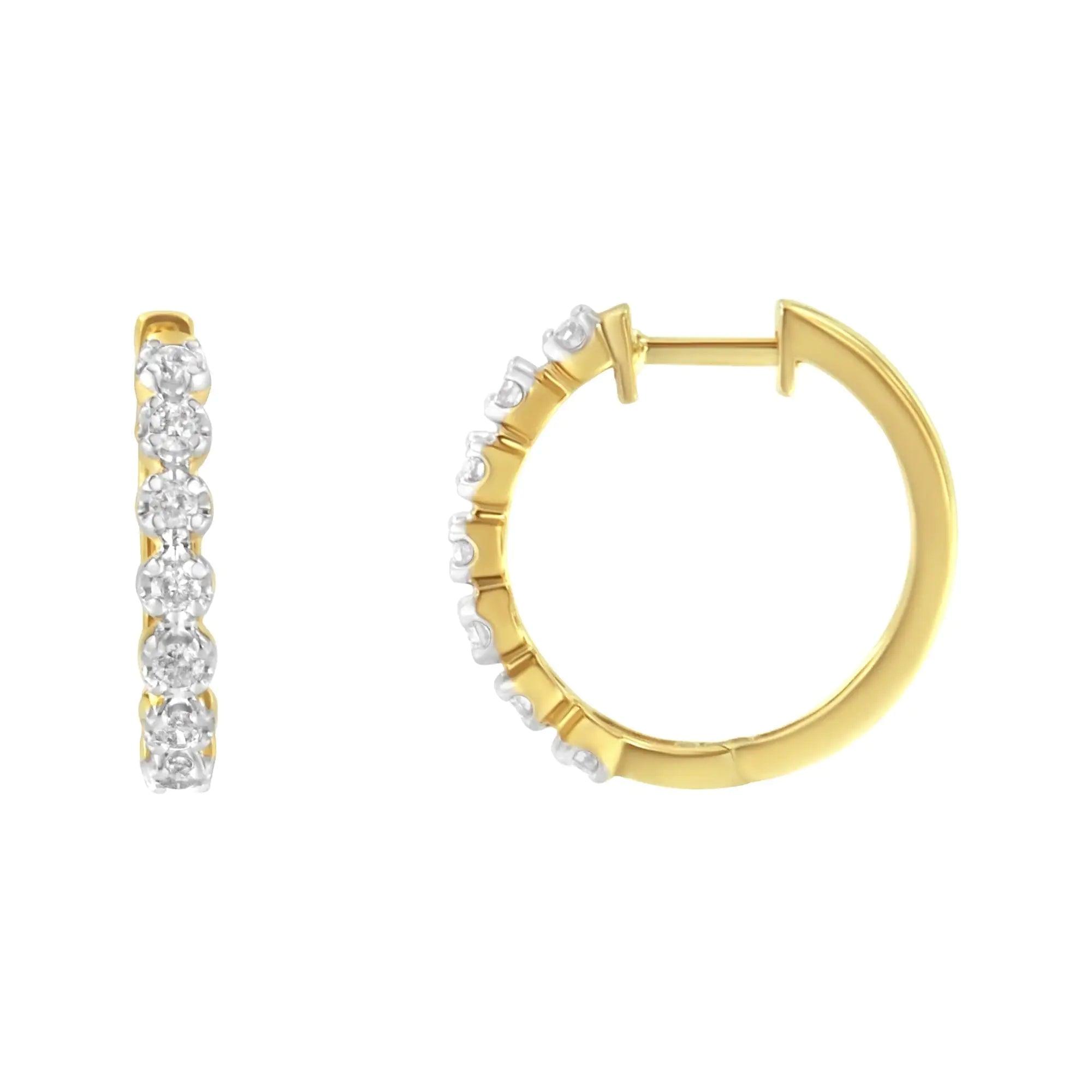 10KT Yellow Gold Diamond Huggy Hoop Earrings (1/2 cttw, J-K Color, I2-I3 Clarity) - Evallys.com # #