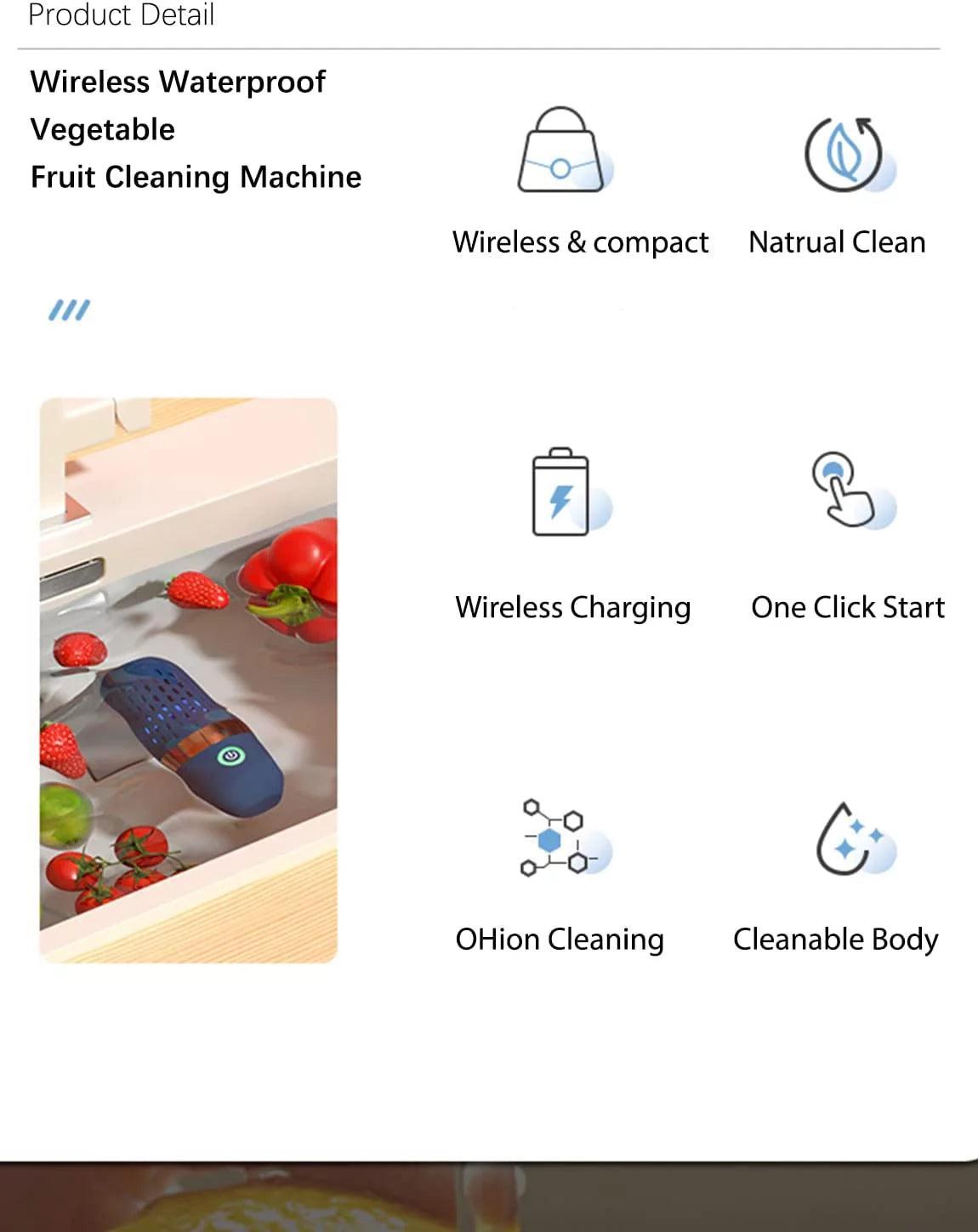 Fruit and Vegetable Cleaner Machine IPX7 Waterproof Fruit Vegetables Washing Cleaner USB Wireless Fruit Vegetable Washer Food Purifier for Seafood Rice Meat Food Cleaner - Evallys.com # #