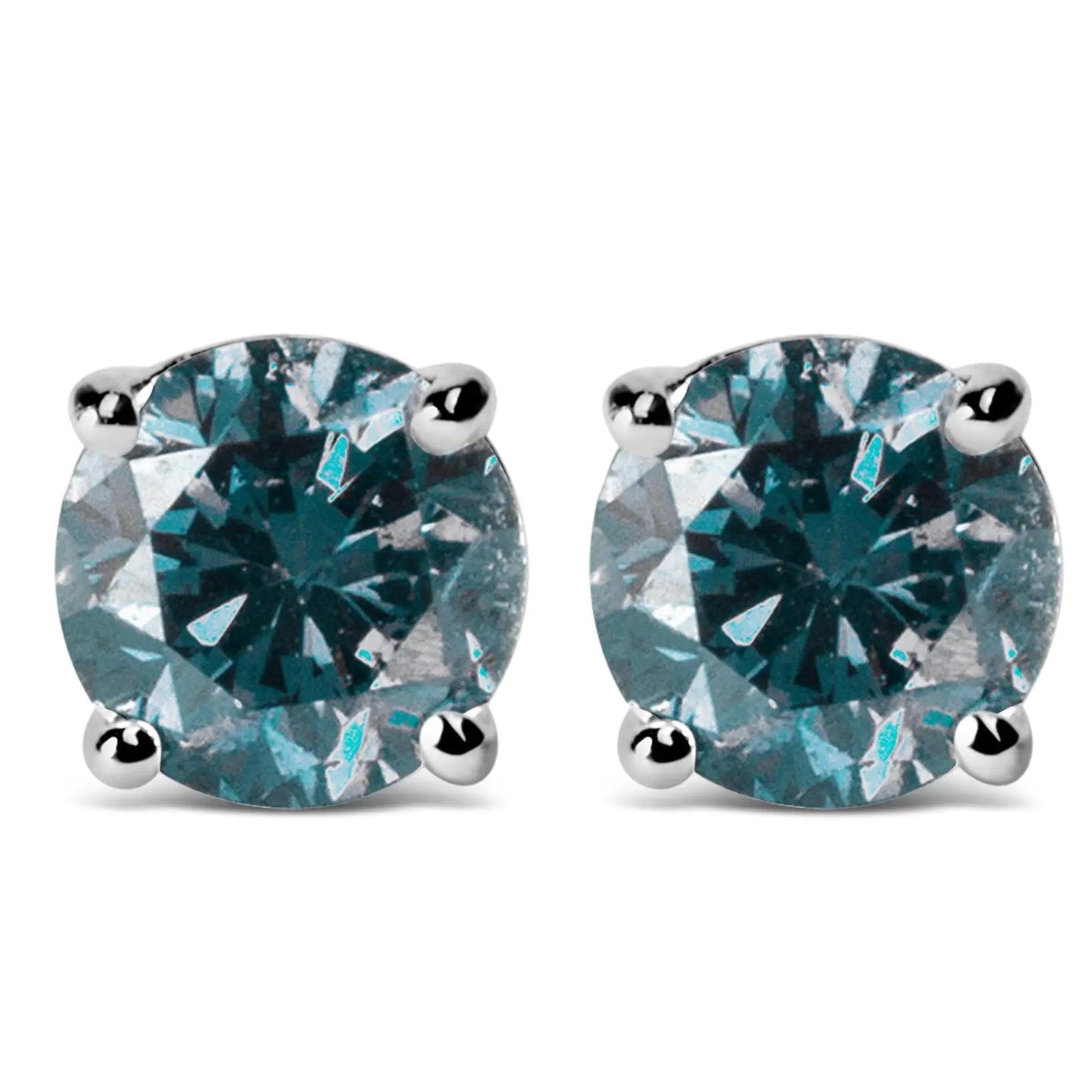 14K Gold Round Brilliant Cut Lab Grown Blue Diamond 4-Prong Classic Solitaire Stud Earrings with Pushbacks - Evallys.com # #