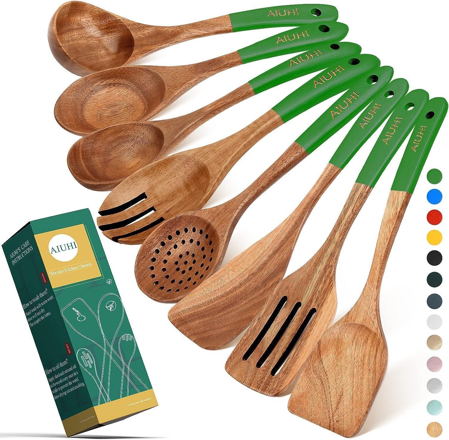 Wood Spoons for Cooking,Nonstick Kitchen Utensil Set,Wooden Spoons Cooking Utensil Set Non Scratch Natural Teak Wooden Utensils for Cooking(Teak 8 Pack) - Evallys.com # #