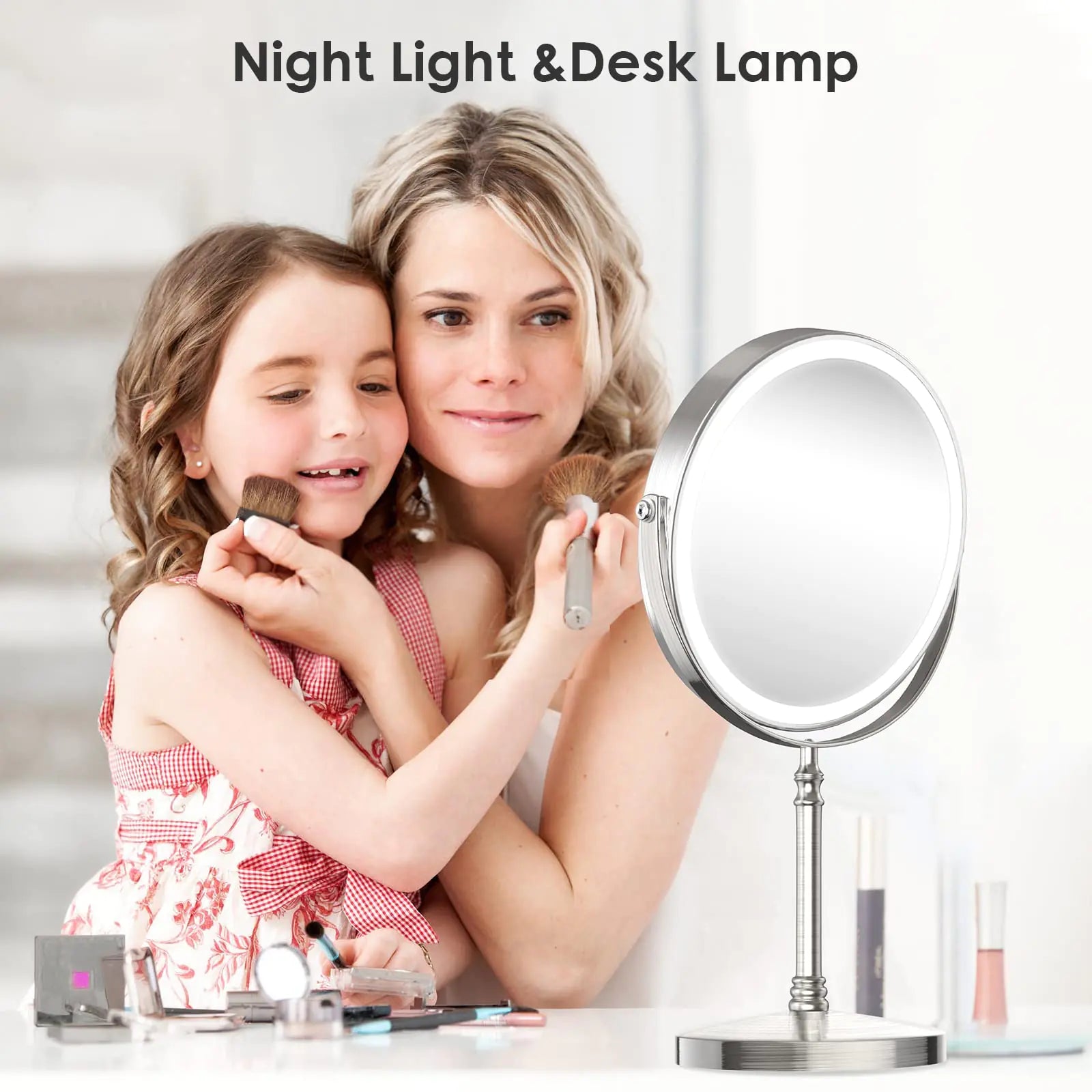 Lighted Makeup Mirror, 8" Rechargeable Double Sided Magnifying Mirror with 3 Colors, 1x/10x 360° Rotation Touch Screen Vanity Mirror, Brightness Adjustable Magnification Cosmetic Light up Mirror Nickel - Evallys.com # #