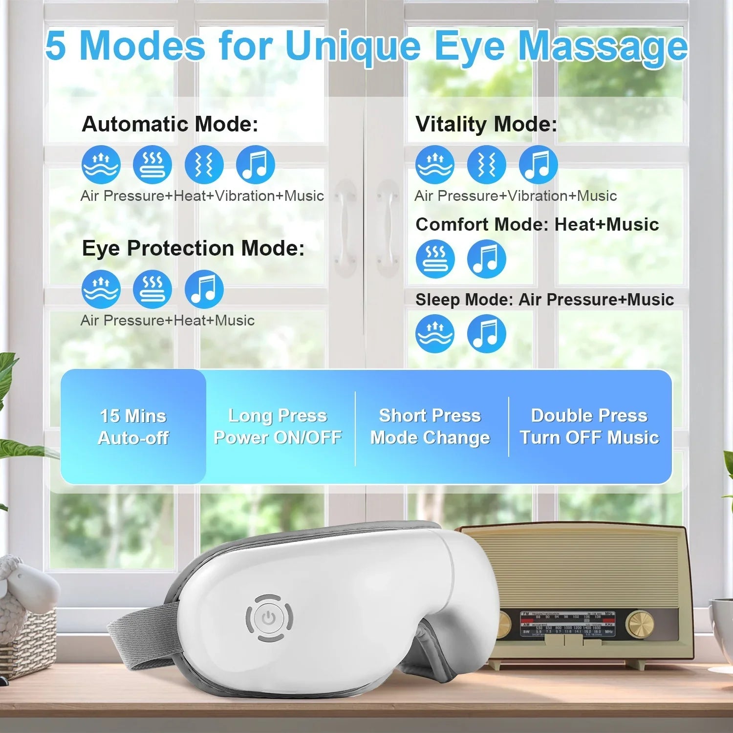 1Pc Eye Massager With Heat Music Air Pressure Vibration Massage Rechargeable For Men Women Elders Wireless Eye Mask - Evallys.com