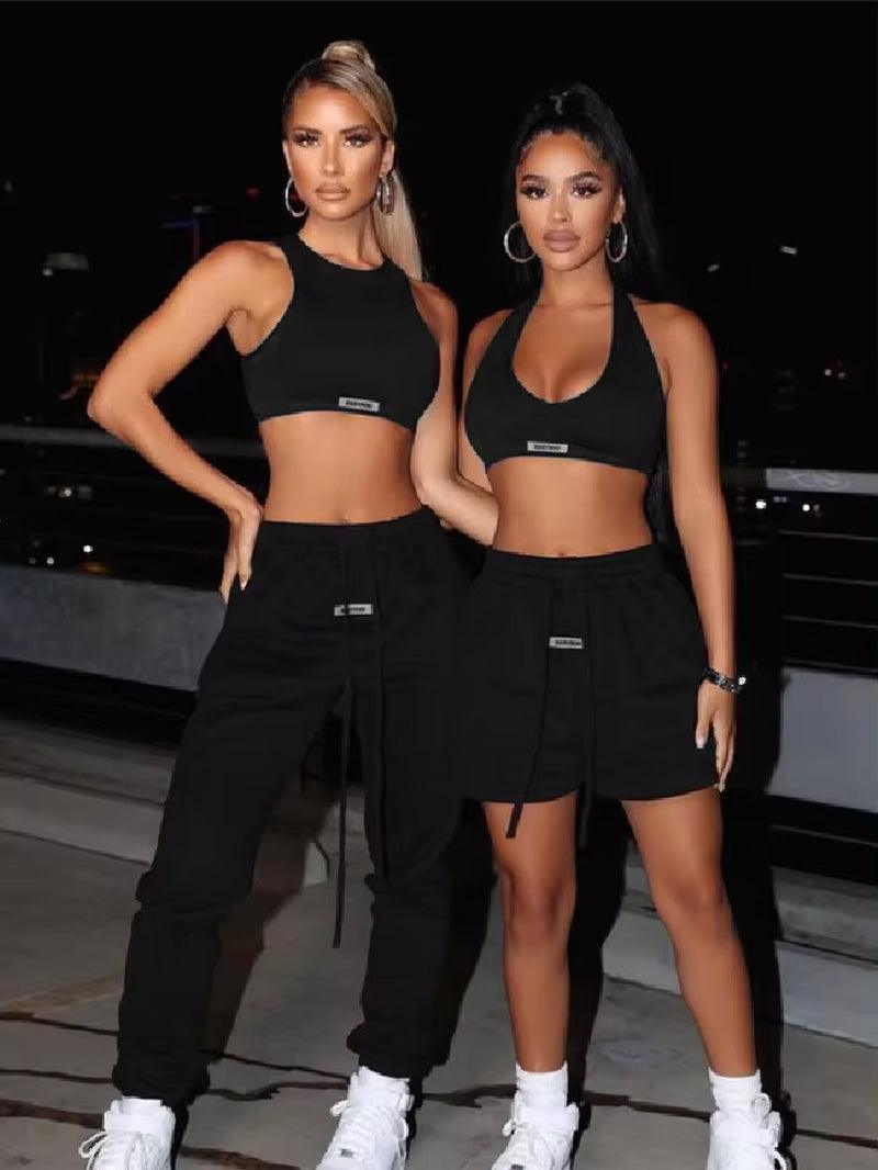 Sporty Two Piece Set Girl Halter Crop Tops+Drawstring Sweatpants Slim Activewear Casual Gym Workout Fitness Womens Outfits - Evallys.com # #