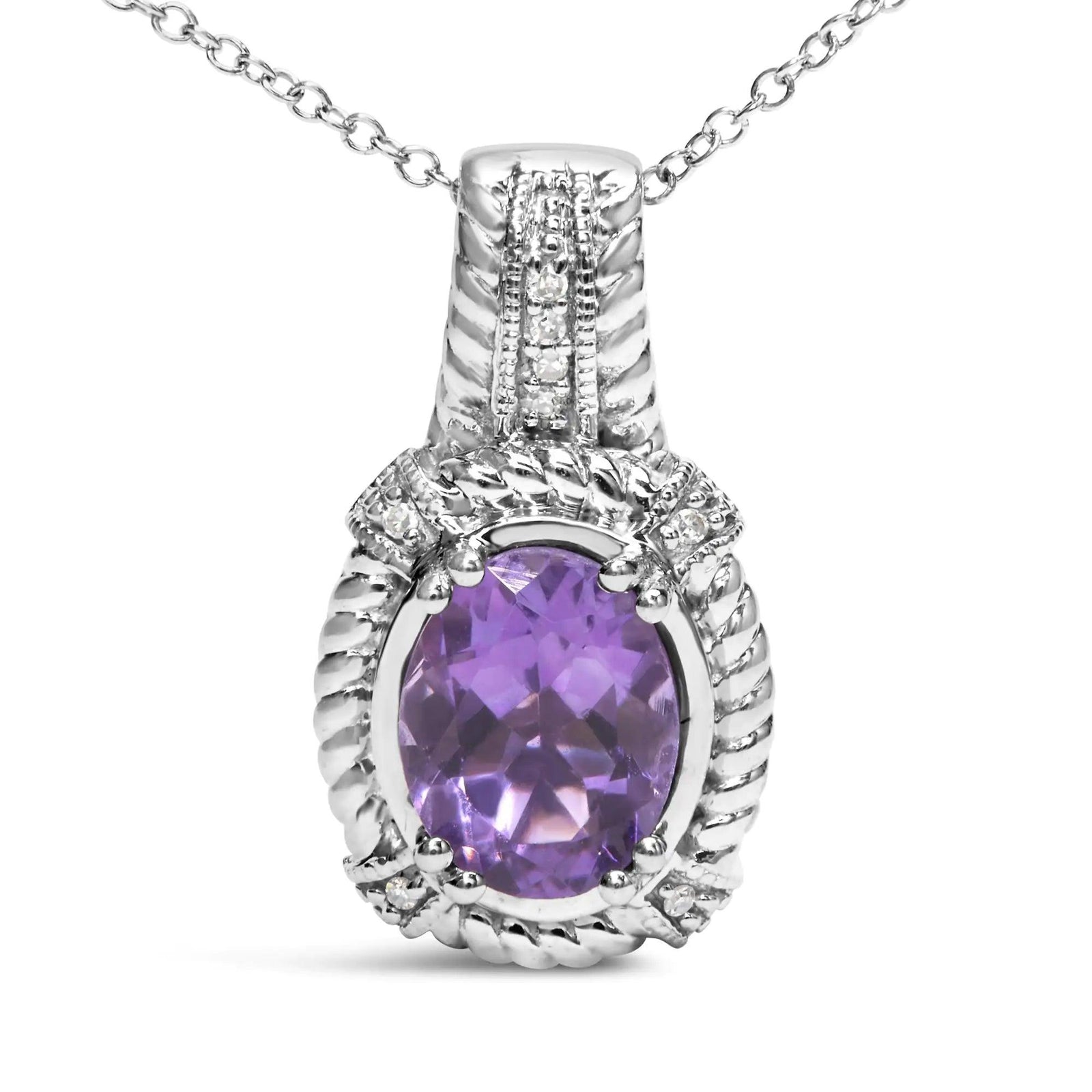 .925 Sterling Silver 9x7mm Oval Purple Amethyst and Round Diamond Accent Fashion Drop Pendant 18 Inch Necklace (I-J Color, I1-I2 Clarity) - Evallys.com # #