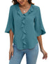 Blooming Jelly Womens Dressy Casual Blouses 3/4 Sleeve V Neck Ruffle Tops Business Ladies Summer 2024 Trendy Work Shirt Standard X-Large Teal - Evallys.com # #