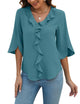 Blooming Jelly Womens Dressy Casual Blouses 3/4 Sleeve V Neck Ruffle Tops Business Ladies Summer 2024 Trendy Work Shirt Standard X-Large Teal - Evallys.com
