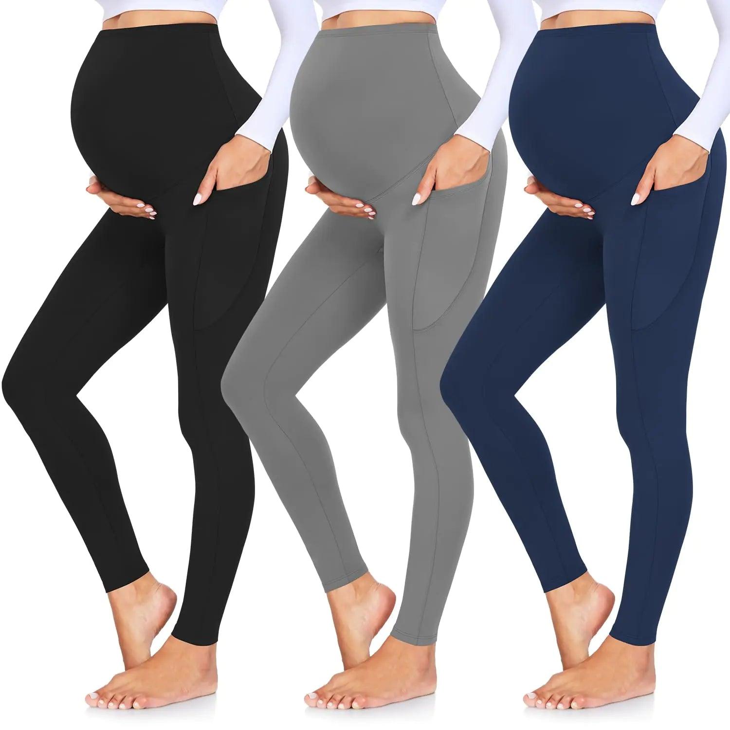 GROTEEN 3 Pack Women's Maternity Leggings Over The Belly with Pockets Super Soft Workout Pregnancy Yoga Pants X-Large 01b-black/Navy Blue/Dark Gray - Evallys.com # #