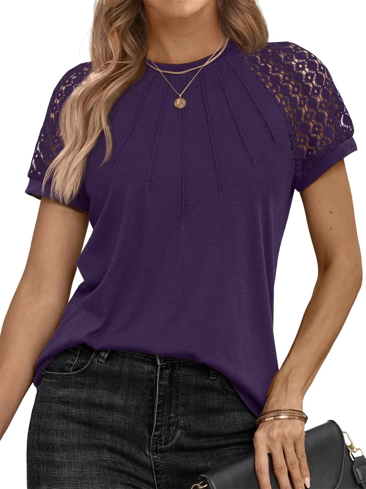 AUTOMET Womens Tshirts Trendy Fashion Tops Lace Short Sleeve Business Tee Shirts Casual Knitted Blouses Summer Outfits 2024 Small Darkpurple - Evallys.com # #