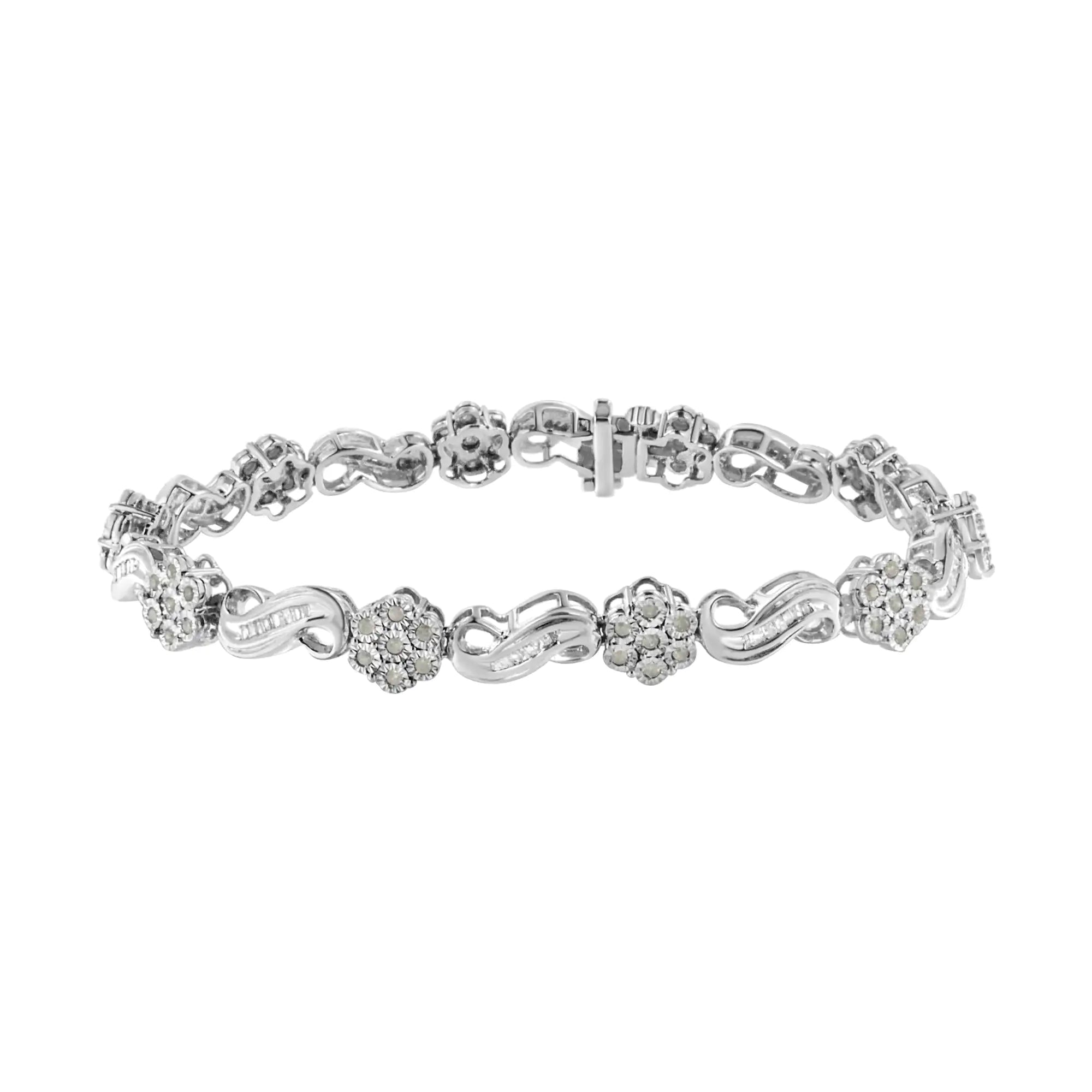 .925 Sterling Silver 1.0 Cttw Miracle and Channel Set Diamond Floral Cluster and Link Bracelet (I-J Color, I3 Clarity) - 7.25" - Evallys.com # #