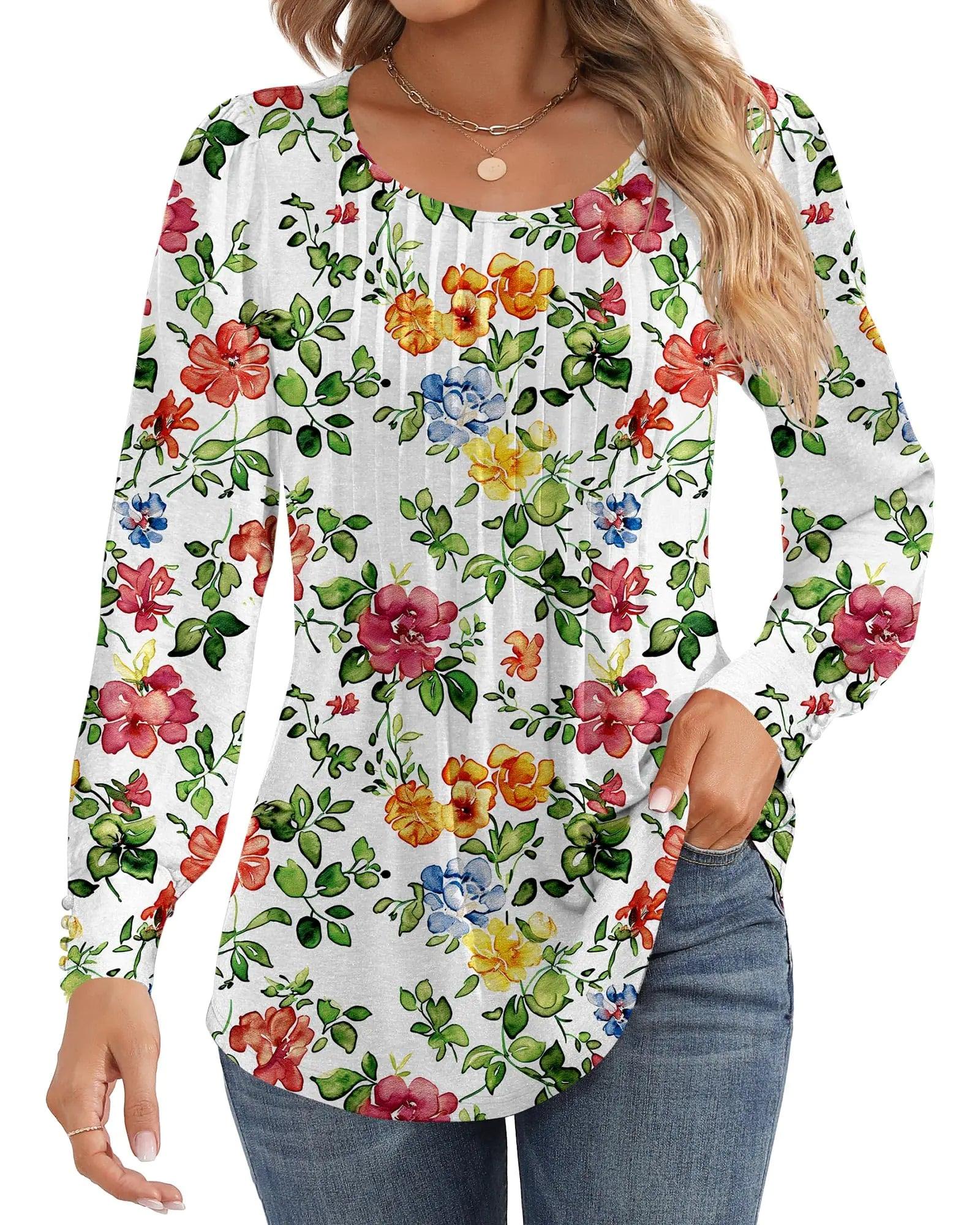 Ficerd Women's Puff Long Sleeve Tunic Tops Pleated Crew Neck Blouses Dressy Casual Loose Fit Fall and Winter Shirts Pink Floral Large - Evallys.com