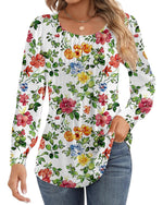 Ficerd Women's Puff Long Sleeve Tunic Tops Pleated Crew Neck Blouses Dressy Casual Loose Fit Fall and Winter Shirts Pink Floral Large - Evallys.com