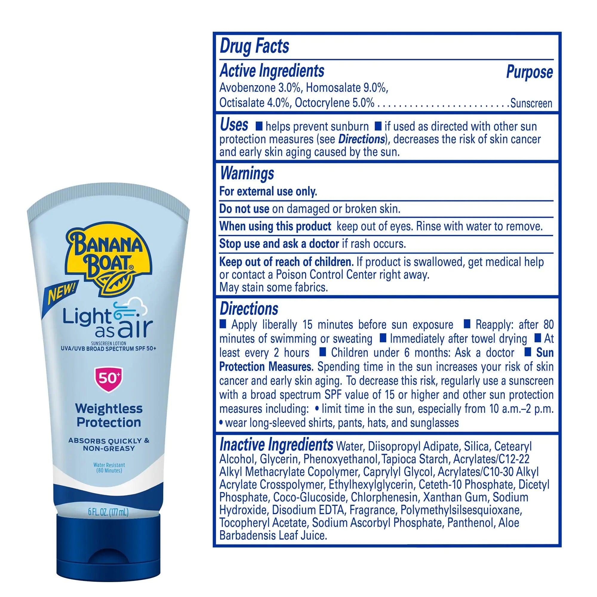 Banana Boat Light As Air Sunscreen Lotion SPF 50 Twin Pack and Sport Ultra SPF 50 Sunscreen Lotion Bundle 6 Fl Oz (Pack of 2) Lotion + SPF 50 Lotion - Evallys.com # #