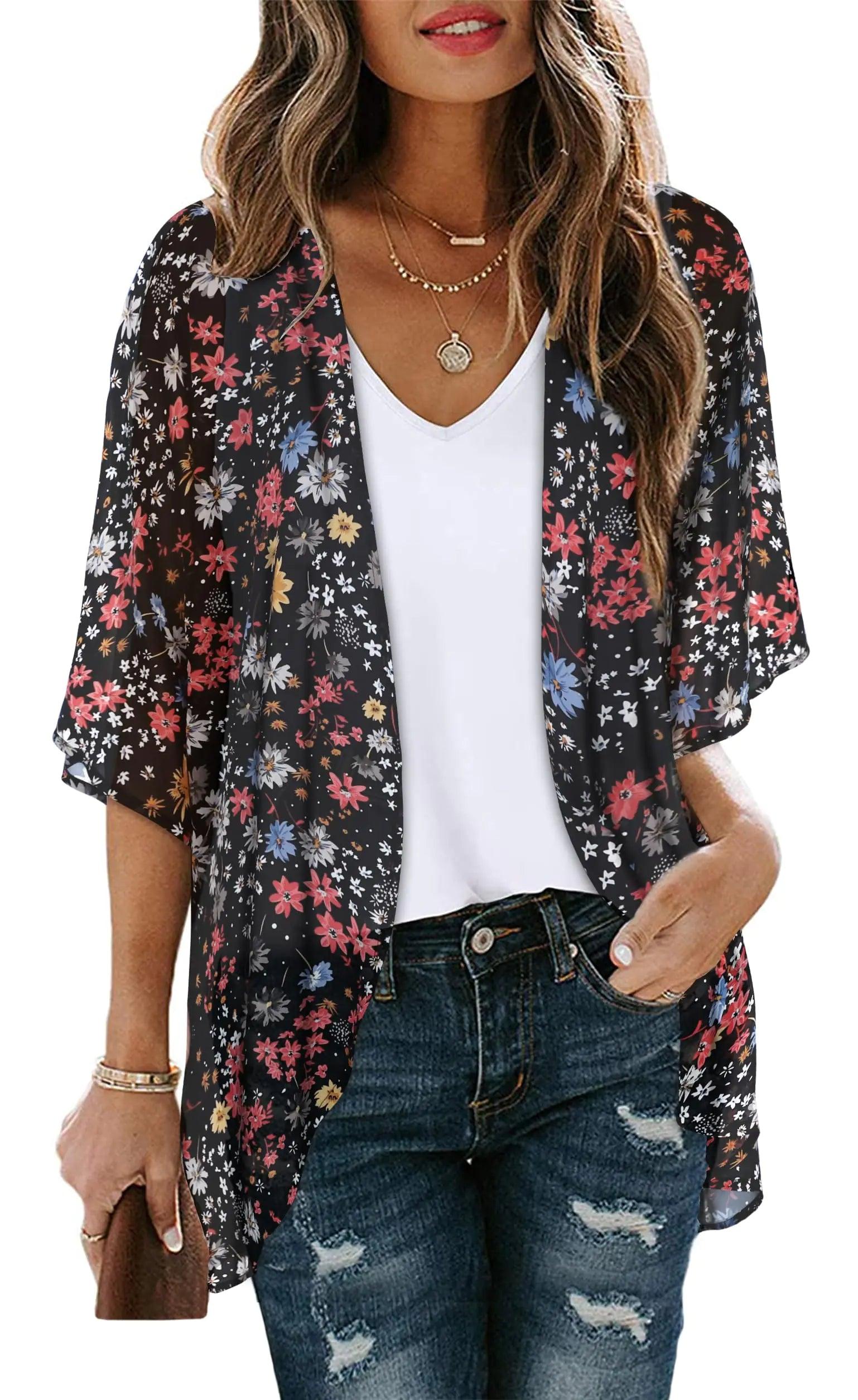 Women's Floral Print Puff Sleeve Kimono Cardigan Loose Cover Up Casual Blouse Tops Small Orange Black - Evallys.com # #