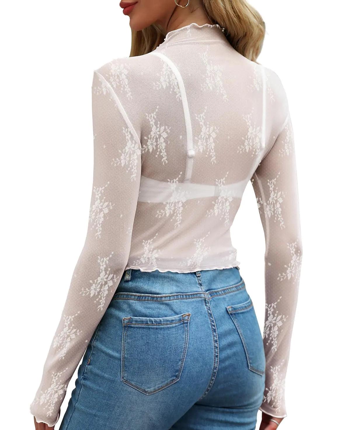 WIHOLL Womens Mesh Sheer Tops Sexy Crew Neck Summer Loose FIt Party Clubwear Shirts Large A-1white Lace - Evallys.com # #