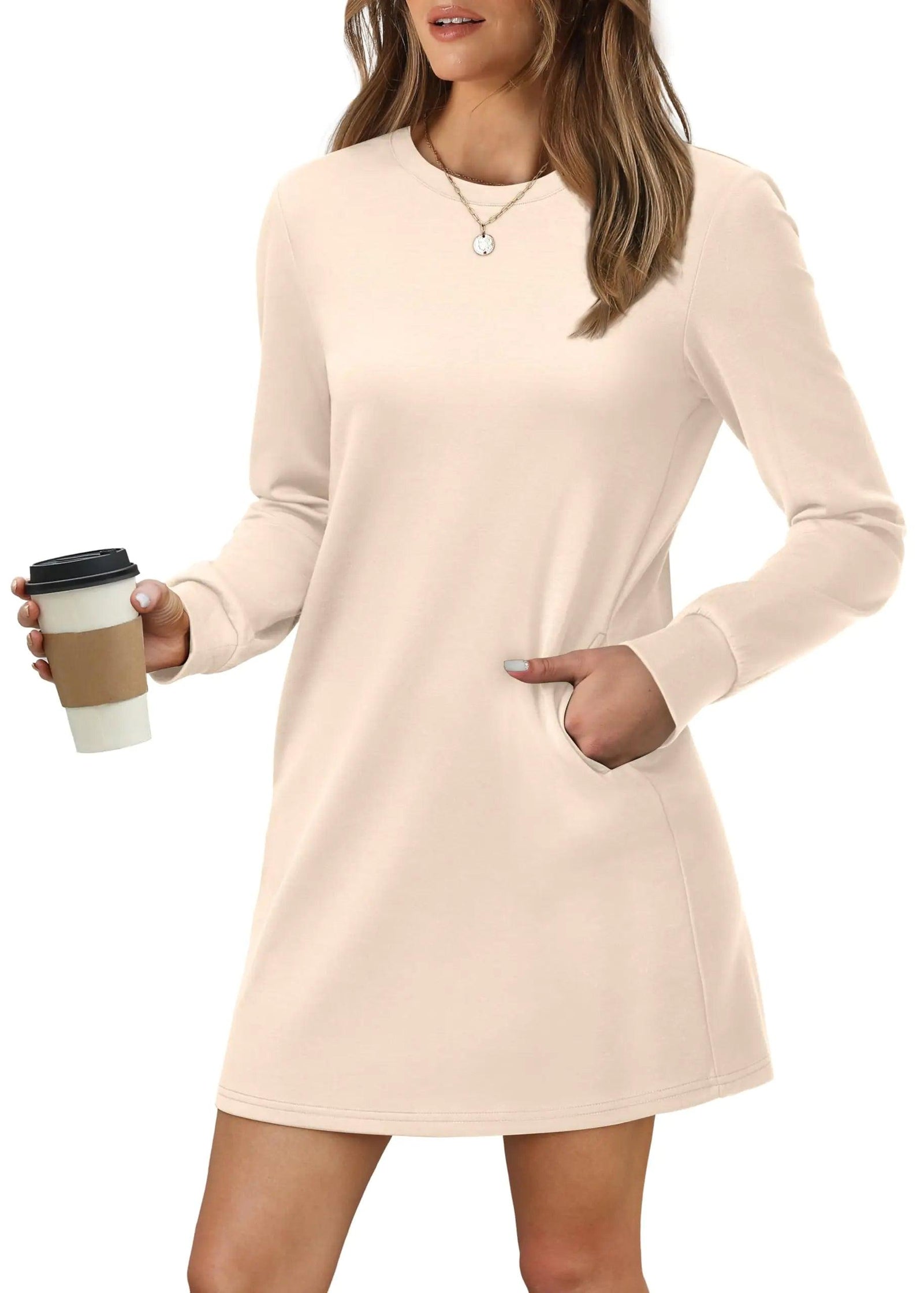 WIHOLL Dresses for Women Long Sleeve Casual Loose Fit Fall Fashion Crewneck Mini Dress with Pockets A - Apricot Small - Evallys.com # #