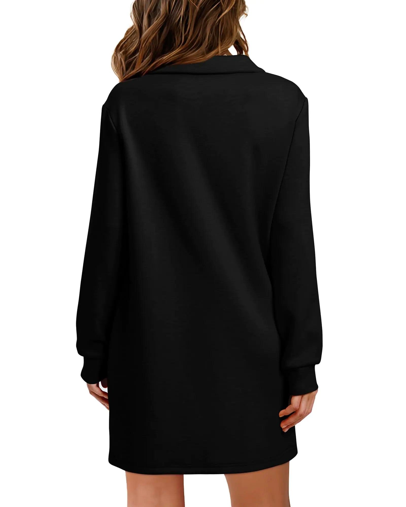 WIHOLL Womens Long Sleeve Lapel Collared V Neck Sweatshirt Dress Loose Fit Solid Color Mini Dresses Fall 2024 Black Large - Evallys.com # #