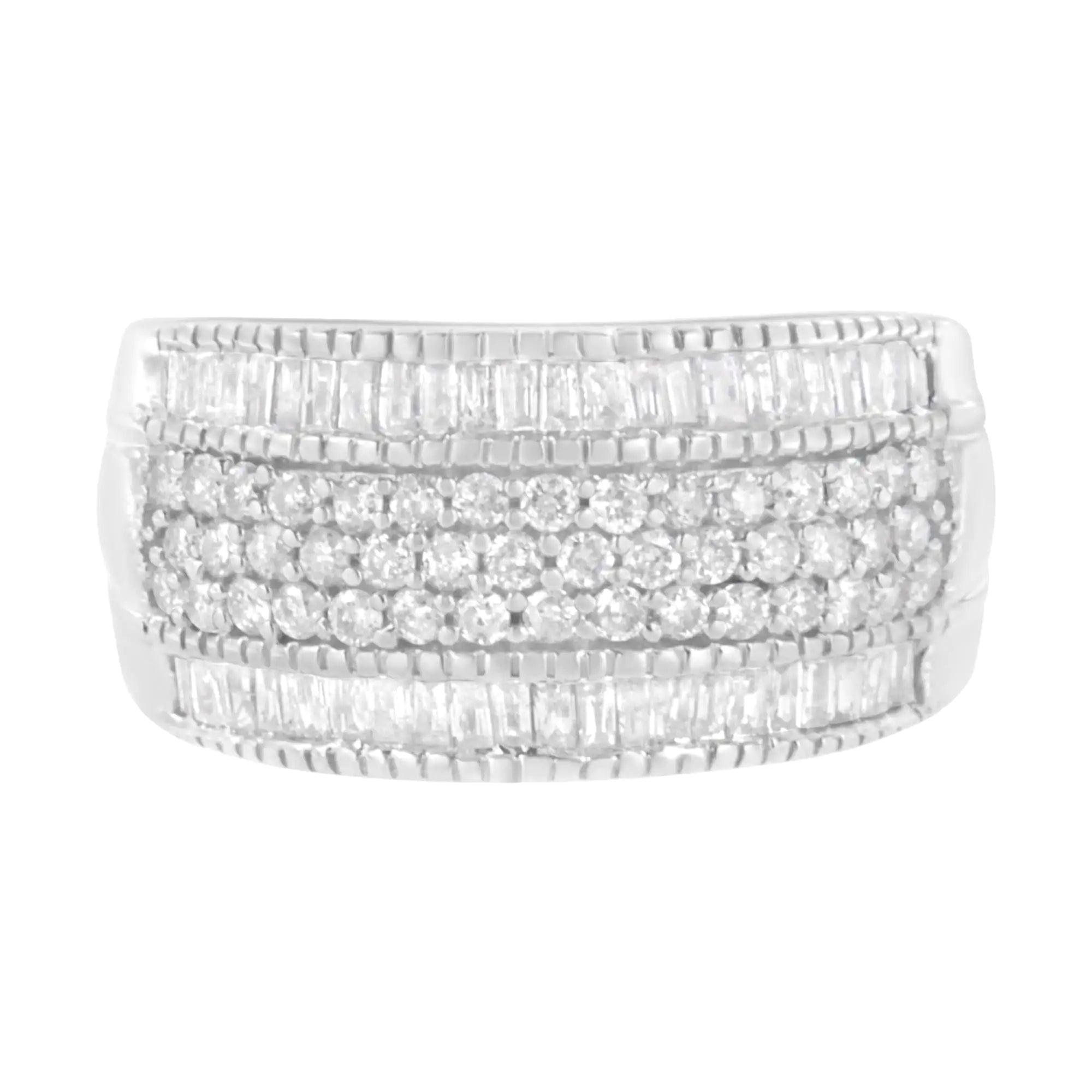 .925 Sterling Silver 1cttw Multi-Row Round and Baguette-Cut Diamond Modern Band Ring (I2-I3 Clarity, H-I Color) - Evallys.com # #