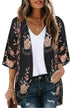 Women's Floral Print Puff Sleeve Kimono Cardigan Loose Cover Up Casual Blouse Tops Small Orange Black - Evallys.com