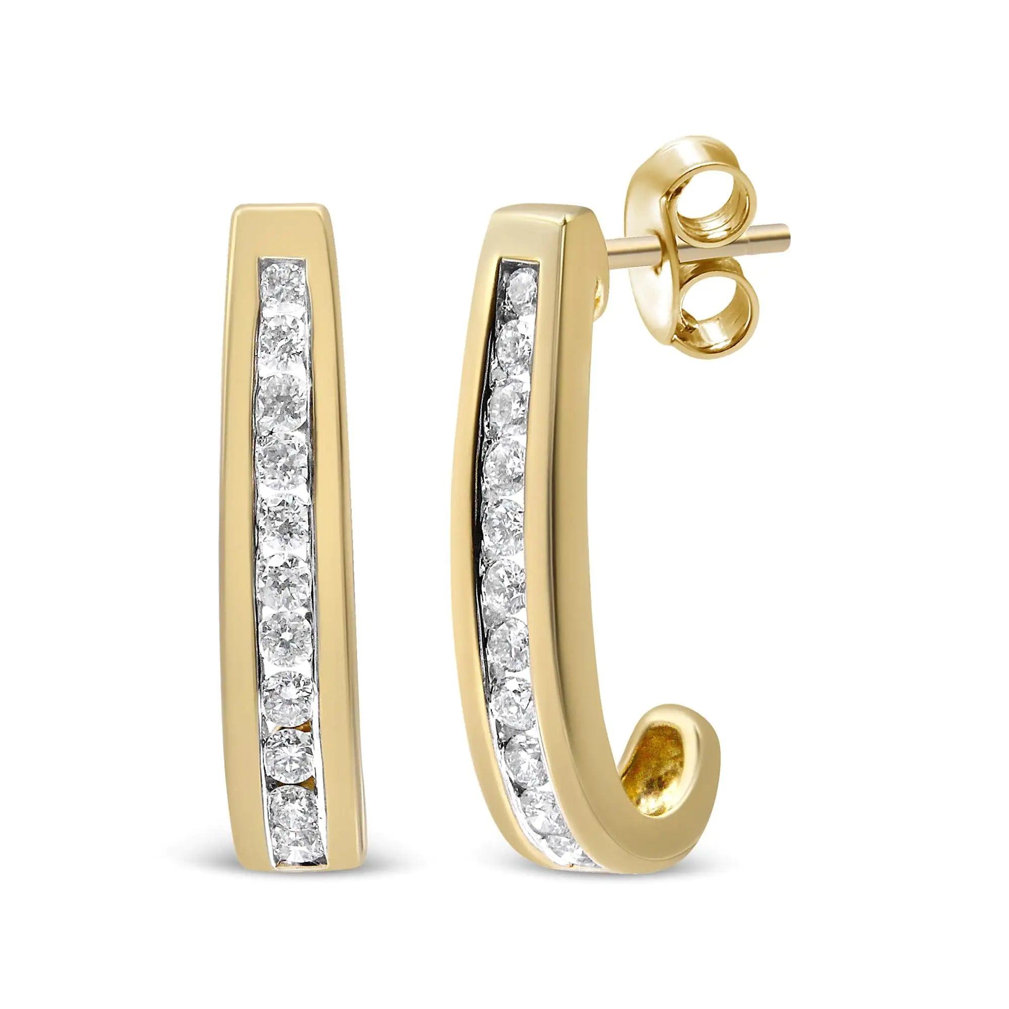 10K Yellow Gold 1/2 Cttw Channel Set Lab Grown Round Diamond J-Hoop Earrings (G-H Color, I1-I2 Clarity) - Evallys.com # #