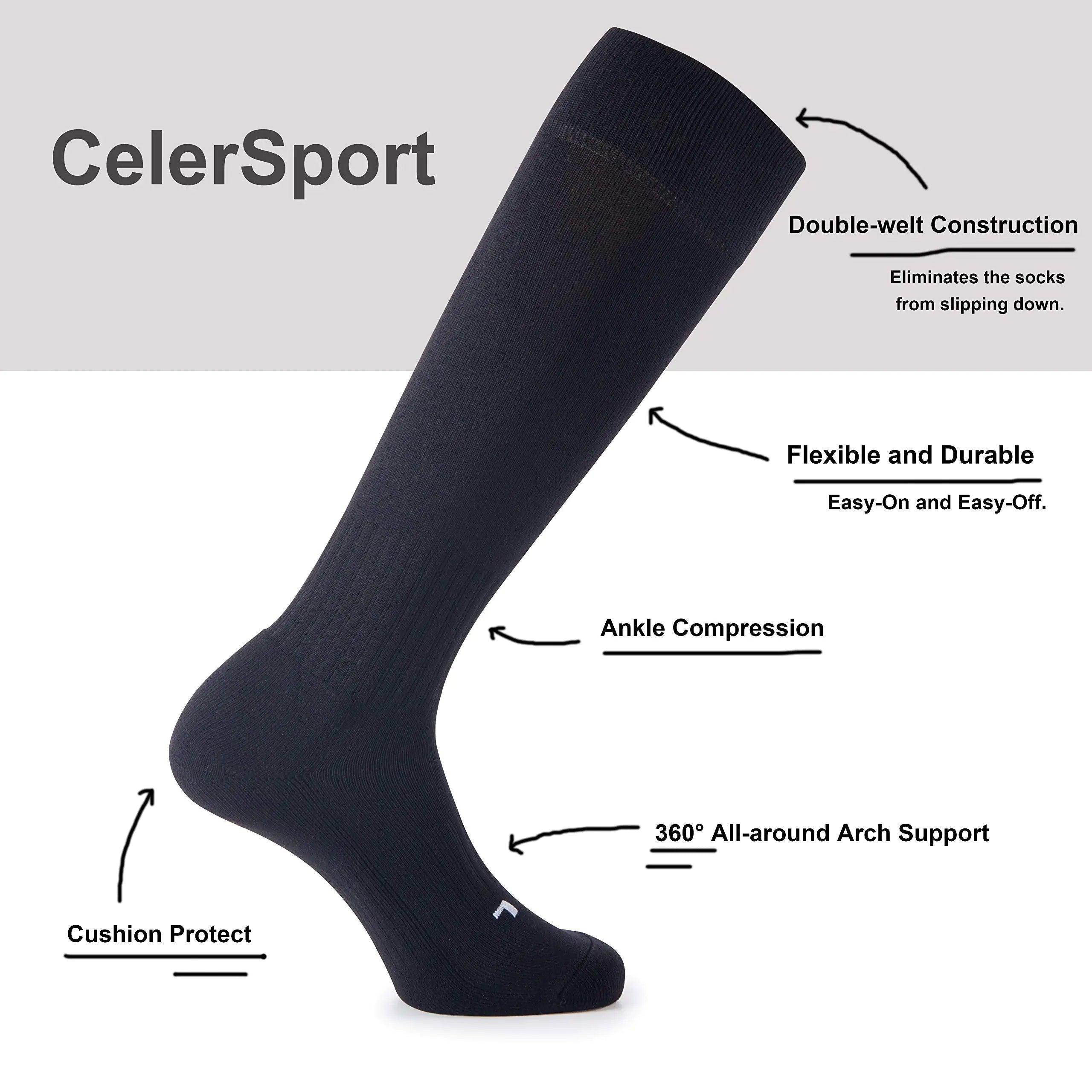 CS CELERSPORT 2/3 Pack Soccer Softball Baseball Socks for Youth Kids Adult Multi-Sport Compression Socks X-Small Black (2 Pack) - Evallys.com # #