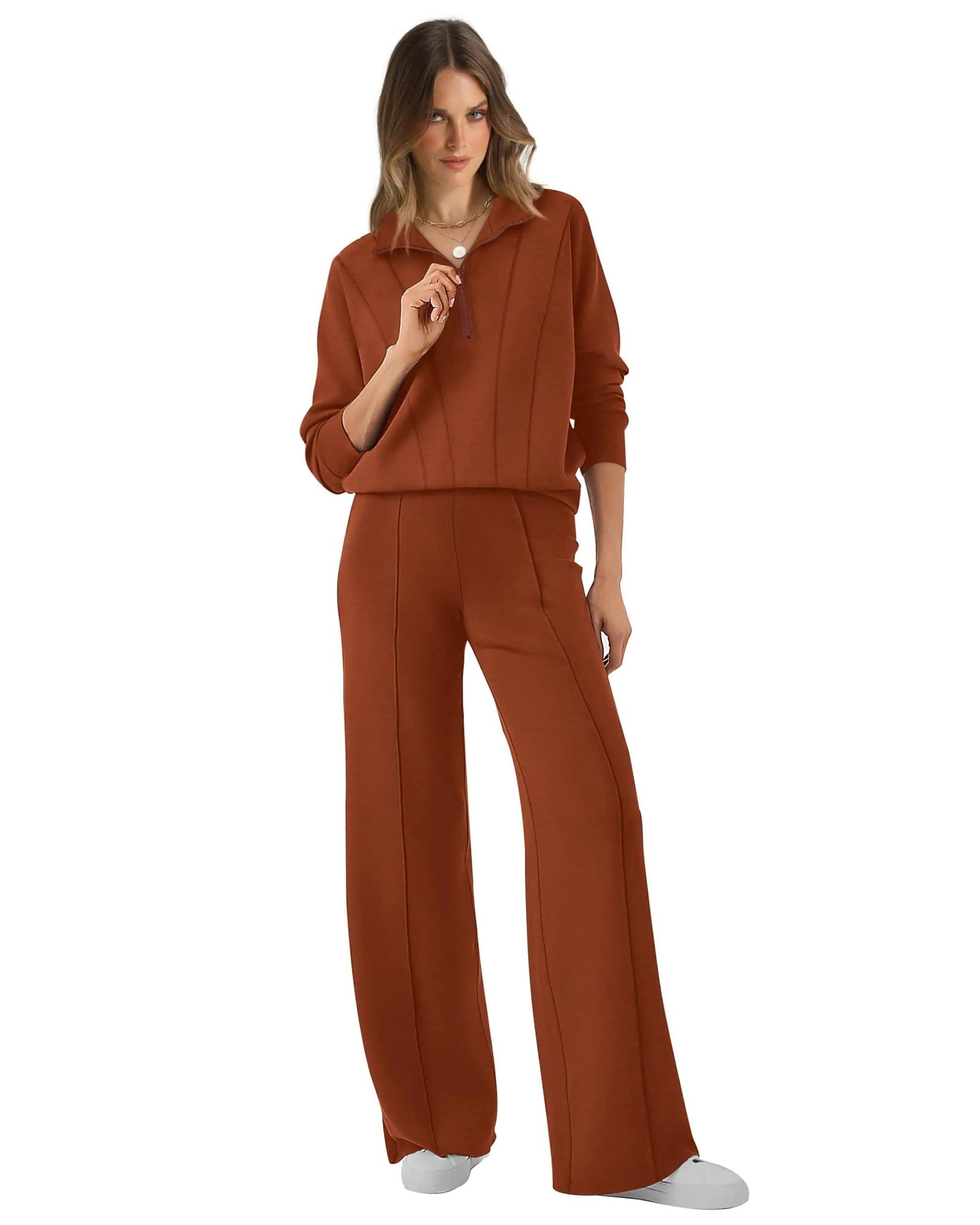 WIHOLL Womens 2 Piece Outfits Lounge Sets 2024 Half Zip Sweatshirt and Wide Leg Sweatpant with Pocket Fall Fashion Tracksuit Caramel Medium - Evallys.com # #