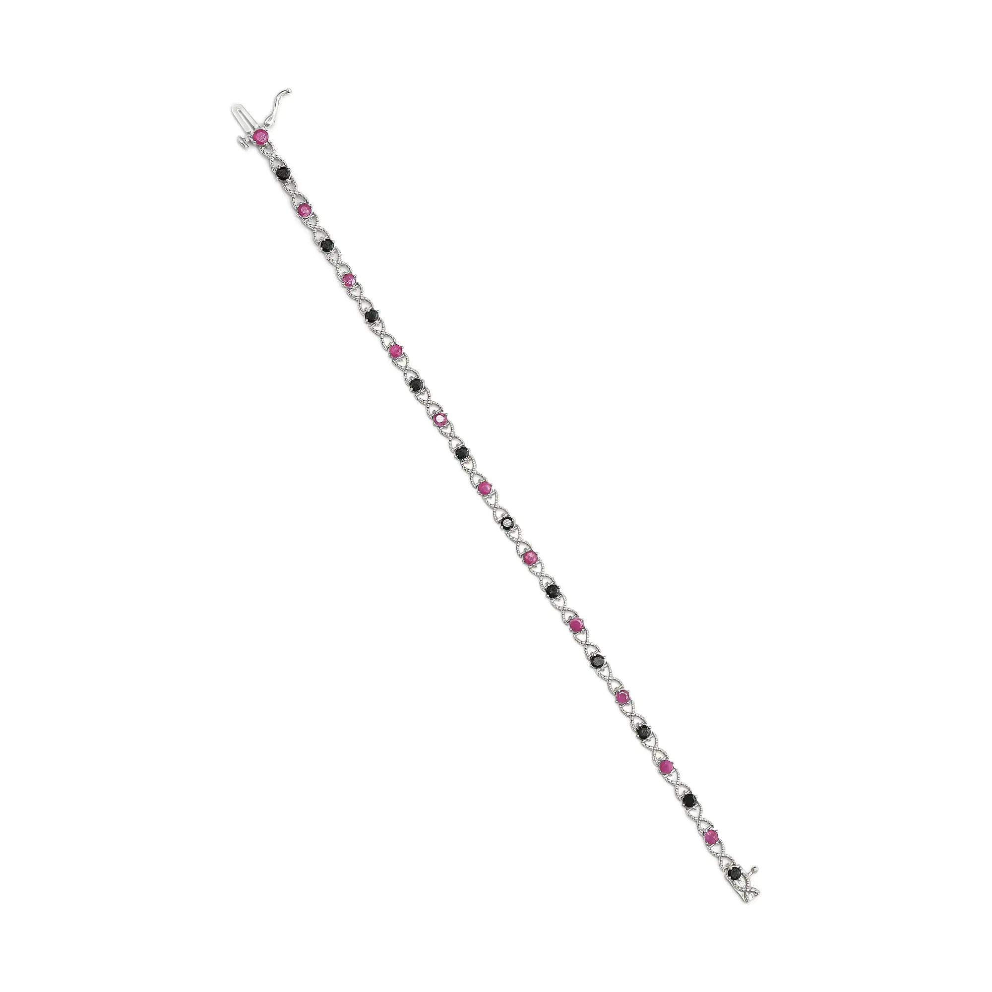 .925 Sterling Silver 1.00 Cttw Treated Black Diamond with 3.00mm Lab Created Pink Ruby 7.25" X-Link Bracelet (Black Color, I2-I3 Clarity) - Evallys.com # #