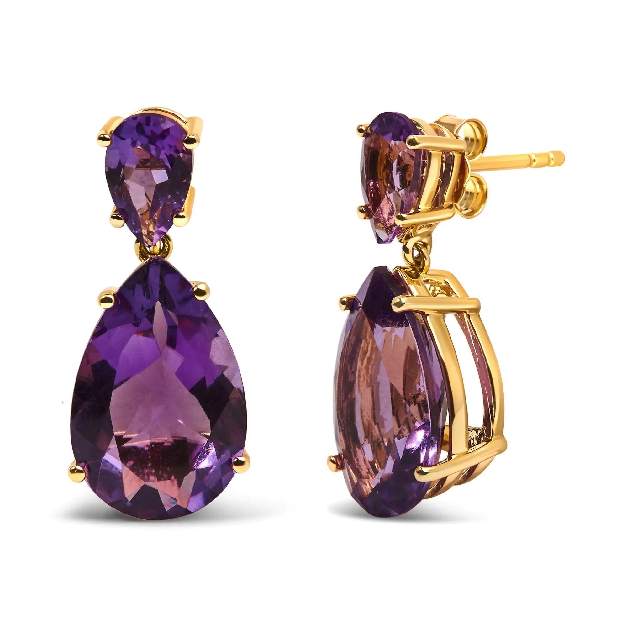 10K Yellow Gold Plated .925 Sterling Silver 12 2/5 Cttw Pear Shaped Purple Brazilian Amethyst Double Dangle and Drop Earring - Evallys.com # #