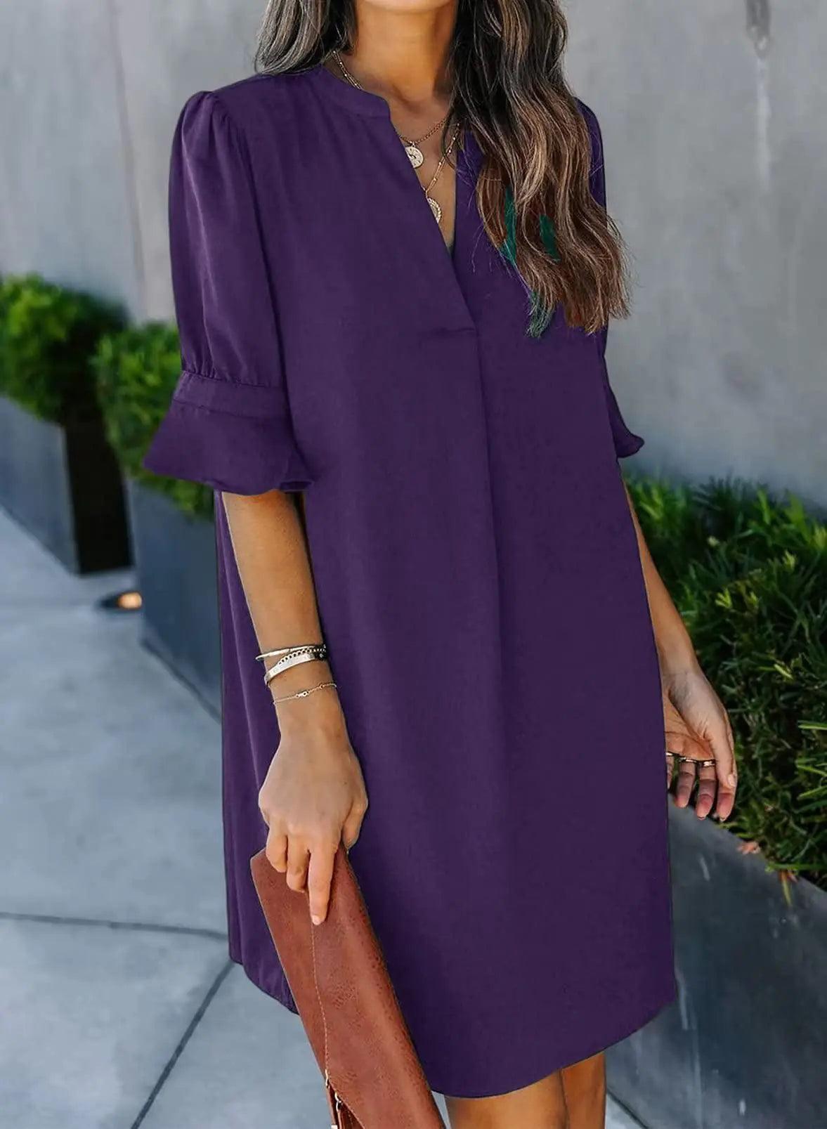 Wkior Shift Dress for Women V Neck Short Sleeves Solid Color Casual Flowy Summer Dresses(S-2XL) Medium B1-purple - Evallys.com # #