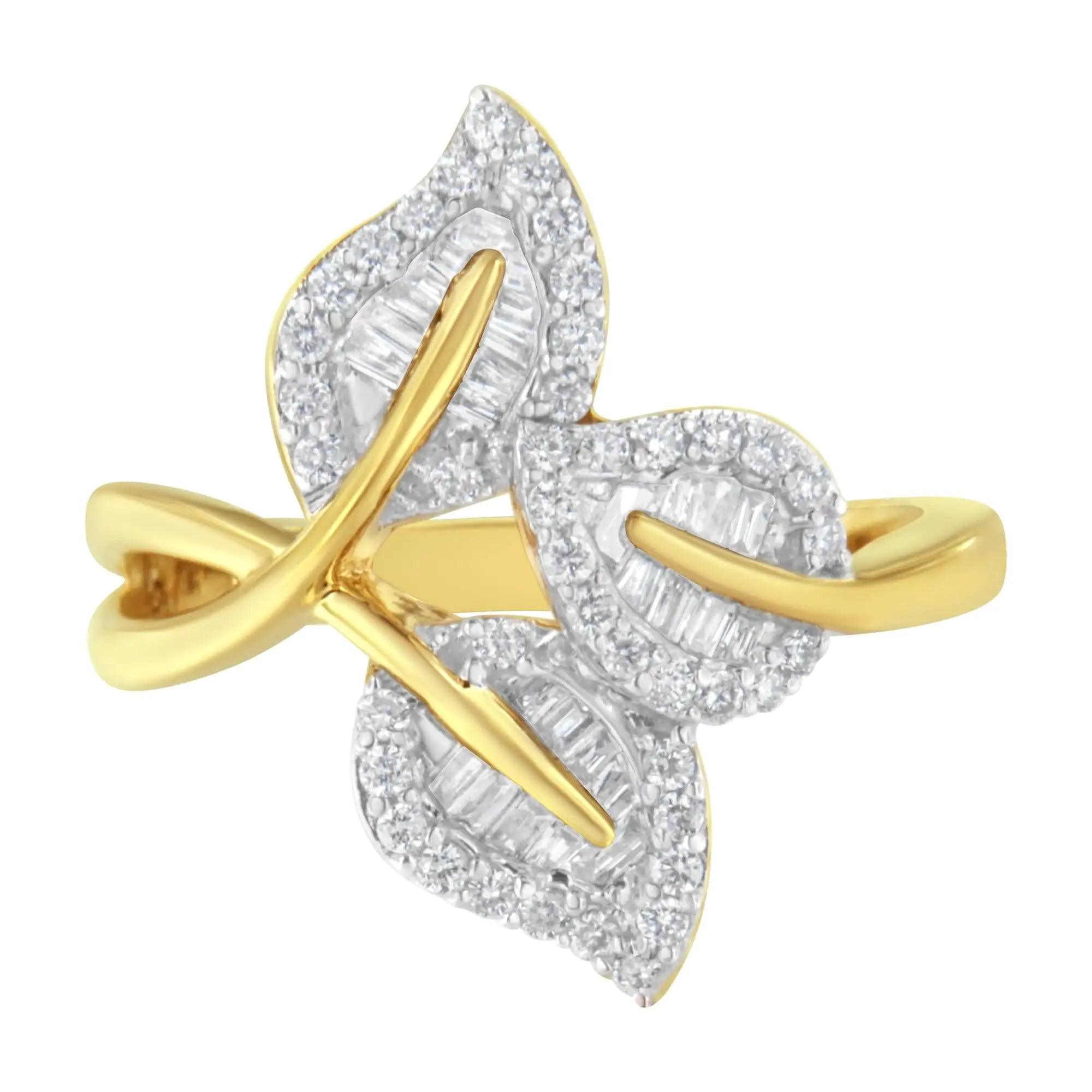 18K Yellow and White Gold Plated .925 Sterling Silver 3/8 Cttw Baguette and Round Diamond Bypass Triple Leaf Ring (I-J Color, I1-I2 Clarity) - Evallys.com # #