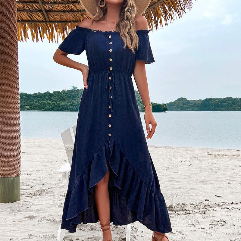 Irregular ruffled female dress with one-line collar tether - Evallys.com # #