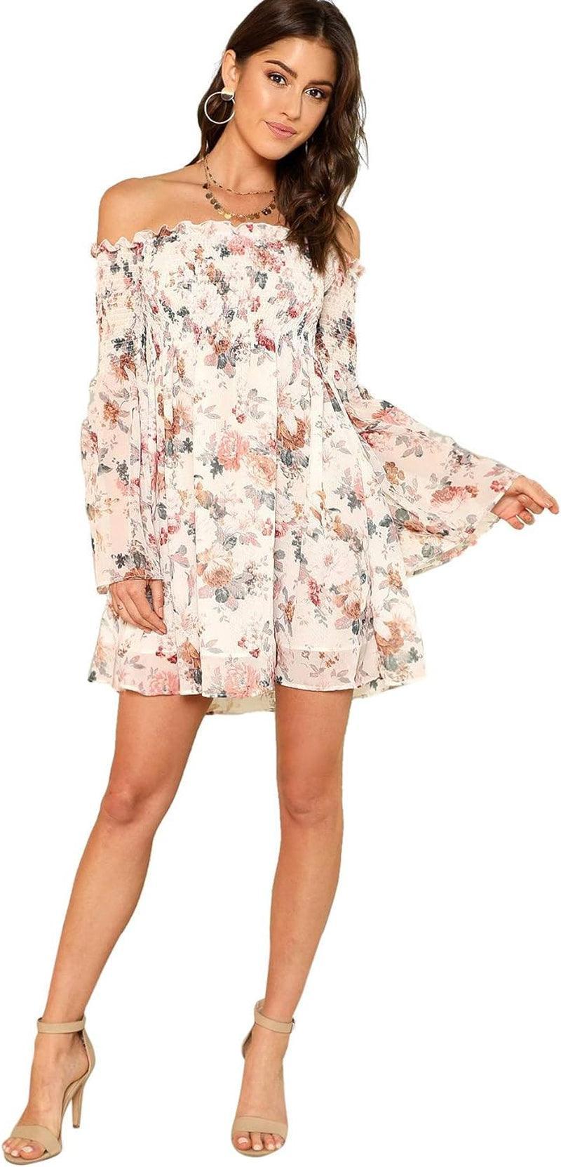 Romwe Women'S Casual Floral Print off Shoulder Trumpet Sleeve Swing Dress - Evallys.com # #