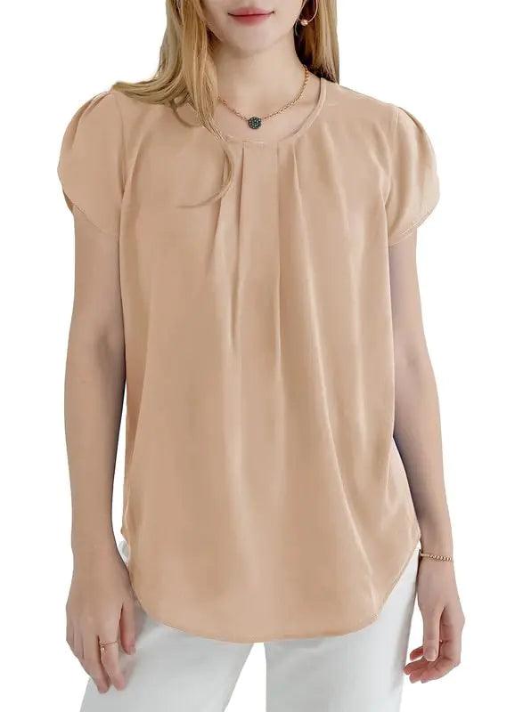 Dokotoo Women's Casual Round Neck Basic Pleated Tops Short Sleeve Loose Fit Curved Keyhole Back Chiffon Blouses Tshirts Large Smoke Gray - Evallys.com # #