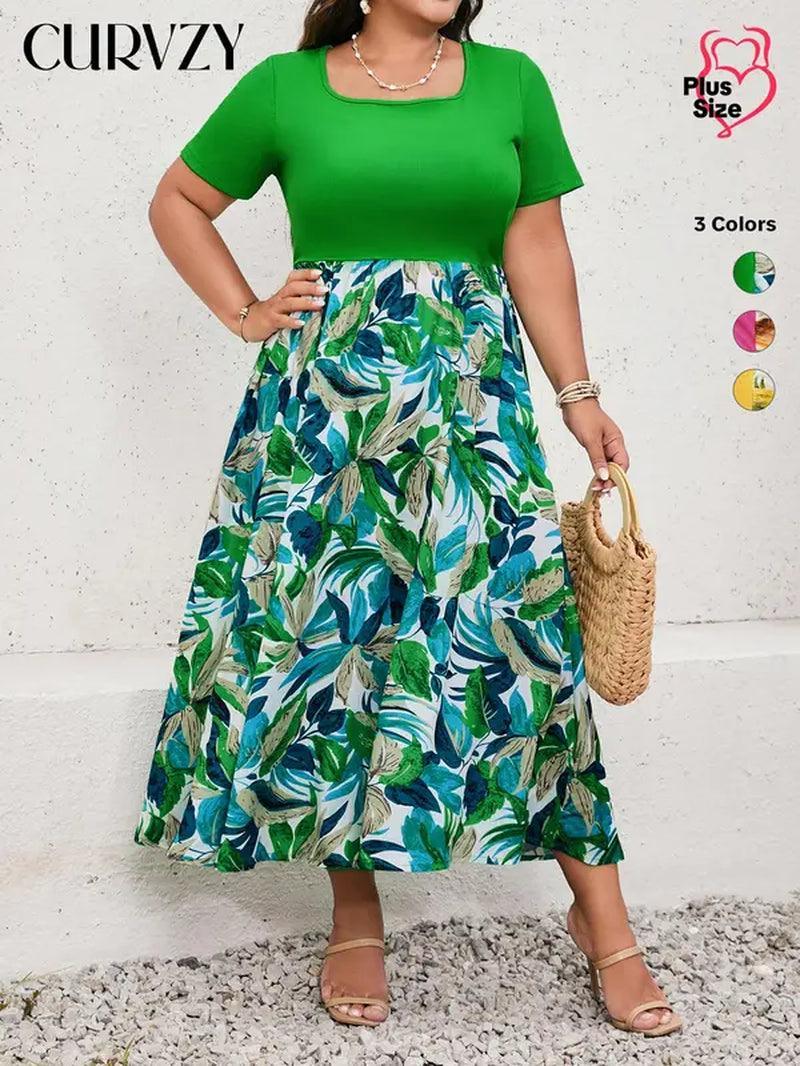 CURVZY plus Size Plants Print Square Neck a Line Dress, Boho Patchwork Graphic Short Sleeve High Waist Dress for Summer Holiday Vacation Beach, Women'S Clothes for Daily Wear - Evallys.com # #