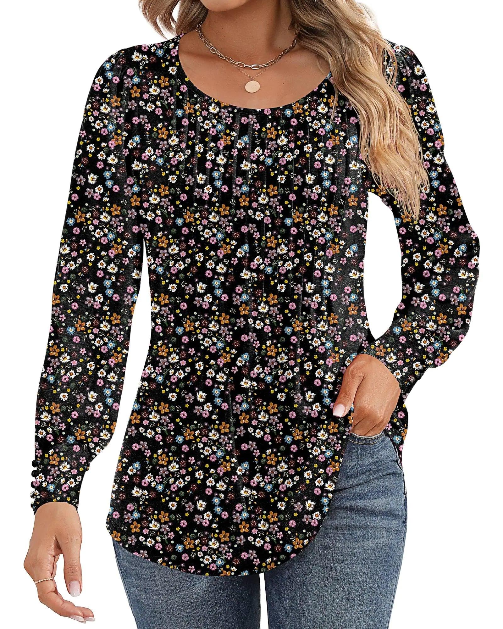 Ficerd Women's Puff Long Sleeve Tunic Tops Pleated Crew Neck Blouses Dressy Casual Loose Fit Fall and Winter Shirts Pink Floral Large - Evallys.com